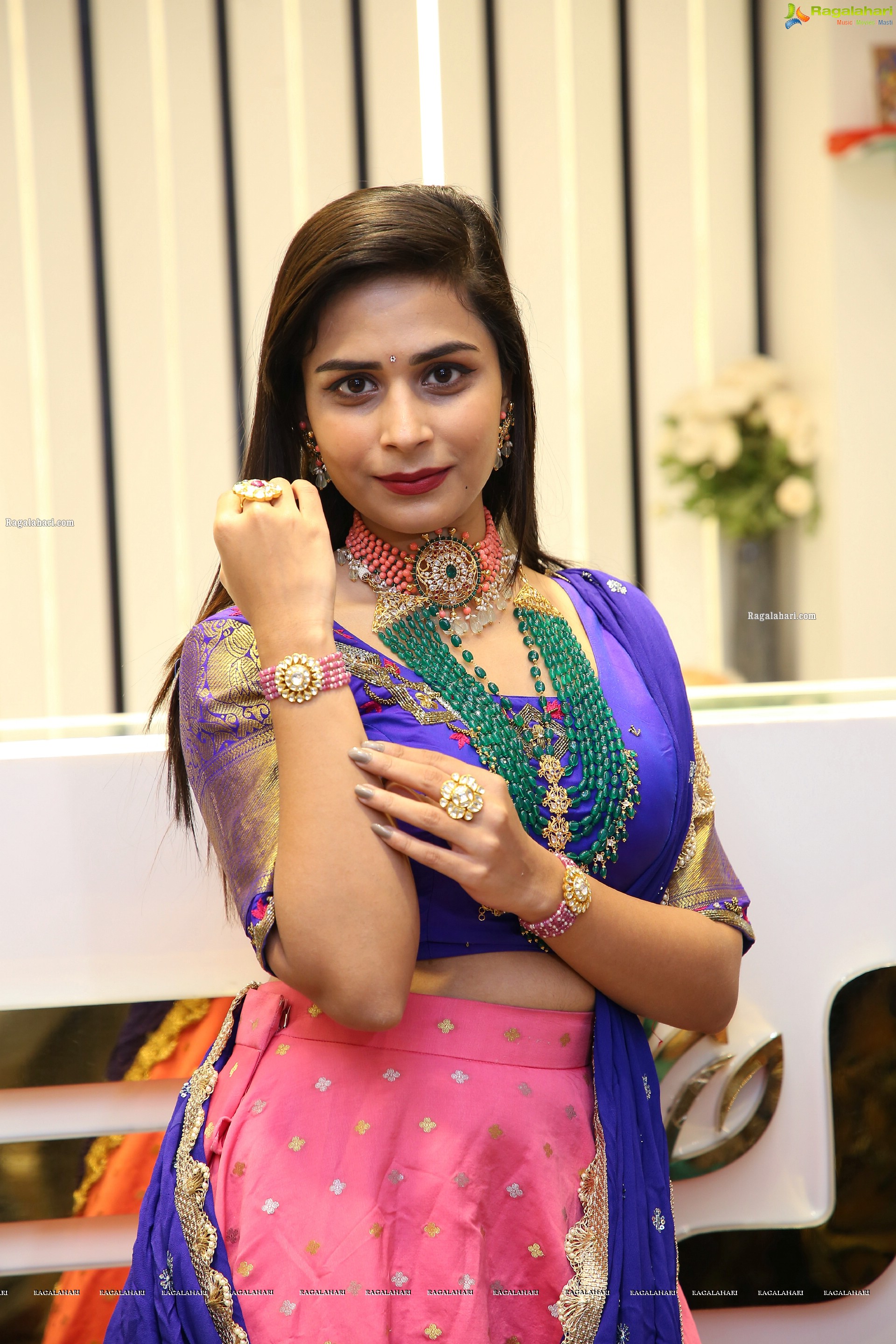 Mounica in Traditional Pink and Blue Lehenga and Jewellery, HD Photo Gallery