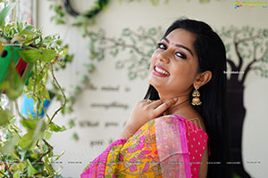 Aadhya Paruchuri in Yellow and Pink Floral Saree