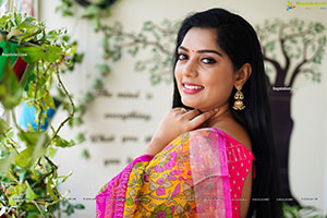 Aadhya Paruchuri in Yellow and Pink Floral Saree