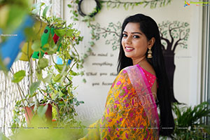 Aadhya Paruchuri in Yellow and Pink Floral Saree