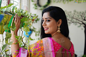 Aadhya Paruchuri in Yellow and Pink Floral Saree