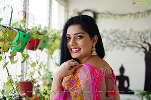 Aadhya Paruchuri in Yellow and Pink Floral Saree