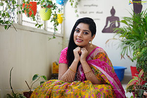 Aadhya Paruchuri in Yellow and Pink Floral Saree