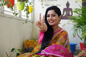 Aadhya Paruchuri in Yellow and Pink Floral Saree