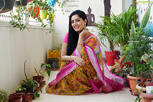 Aadhya Paruchuri in Yellow and Pink Floral Saree