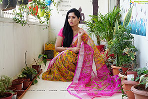 Aadhya Paruchuri in Yellow and Pink Floral Saree