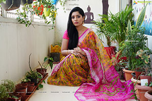 Aadhya Paruchuri in Yellow and Pink Floral Saree