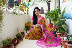 Aadhya Paruchuri in Yellow and Pink Floral Saree