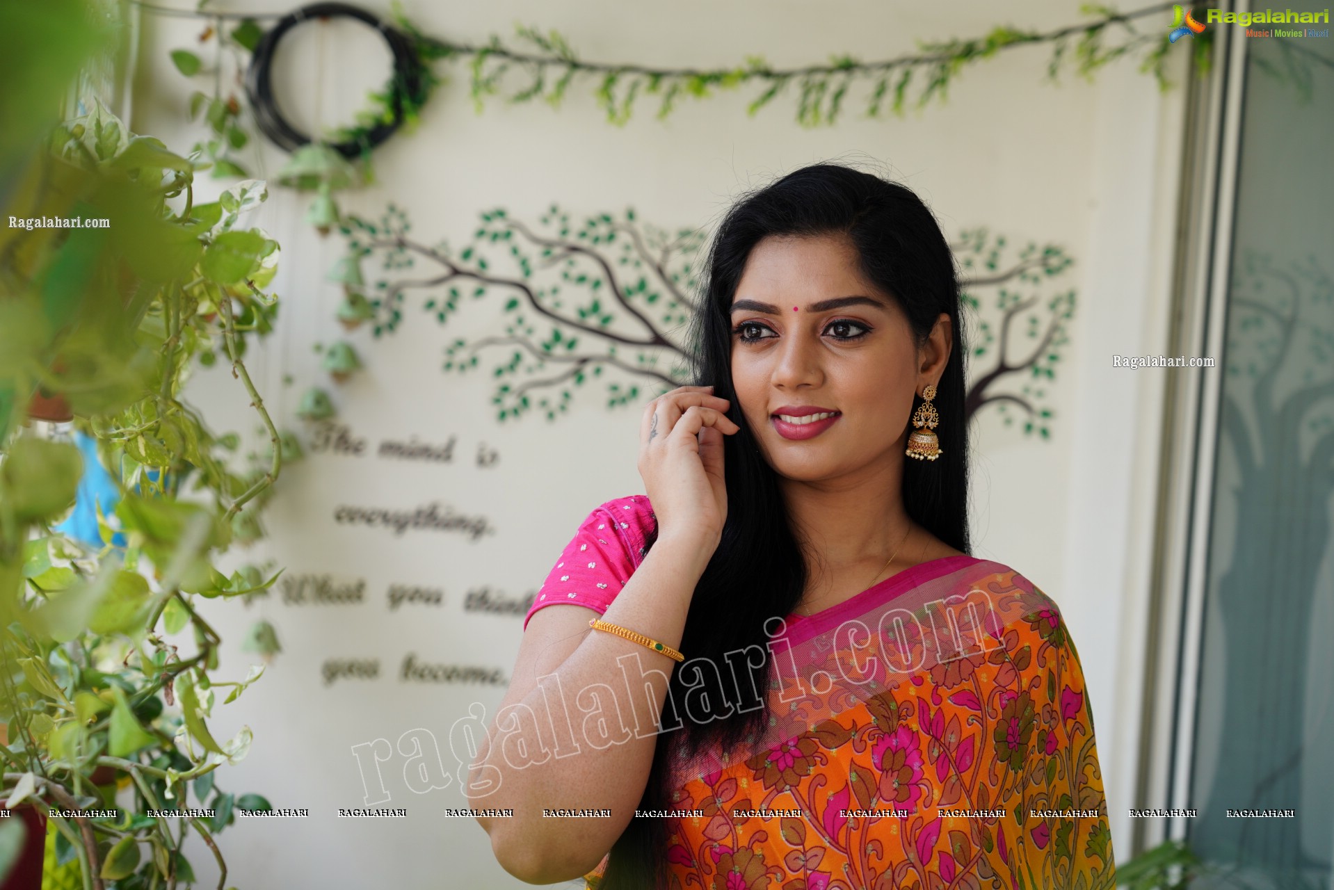 Aadhya Paruchuri in Yellow and Pink Floral Saree, Exclusive Photoshoot