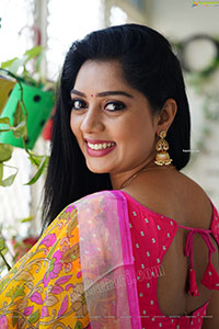 Aadhya Paruchuri in Yellow and Pink Floral Saree