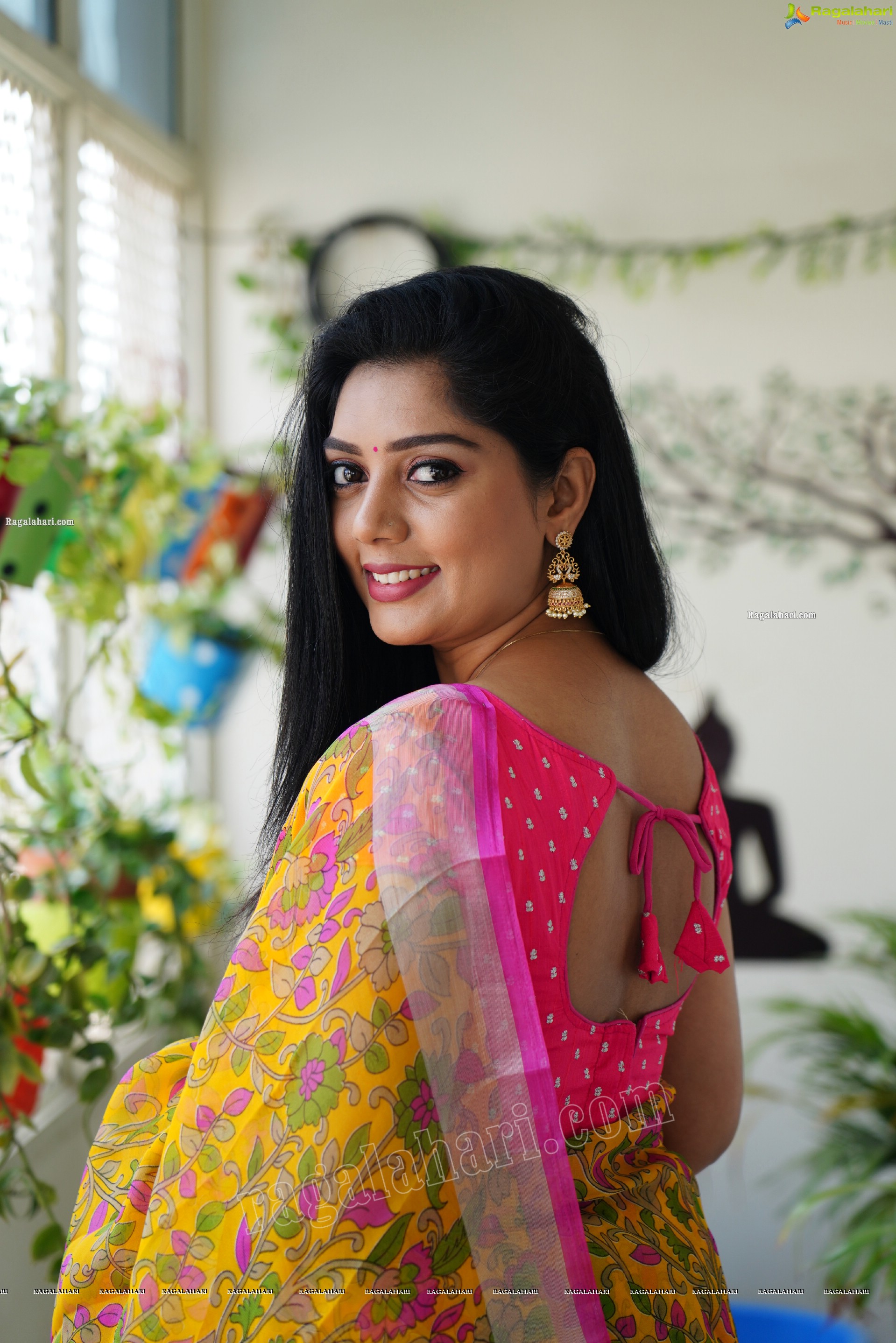 Aadhya Paruchuri in Yellow and Pink Floral Saree, Exclusive Photoshoot