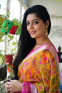 Aadhya Paruchuri in Yellow and Pink Floral Saree