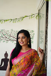 Aadhya Paruchuri in Yellow and Pink Floral Saree