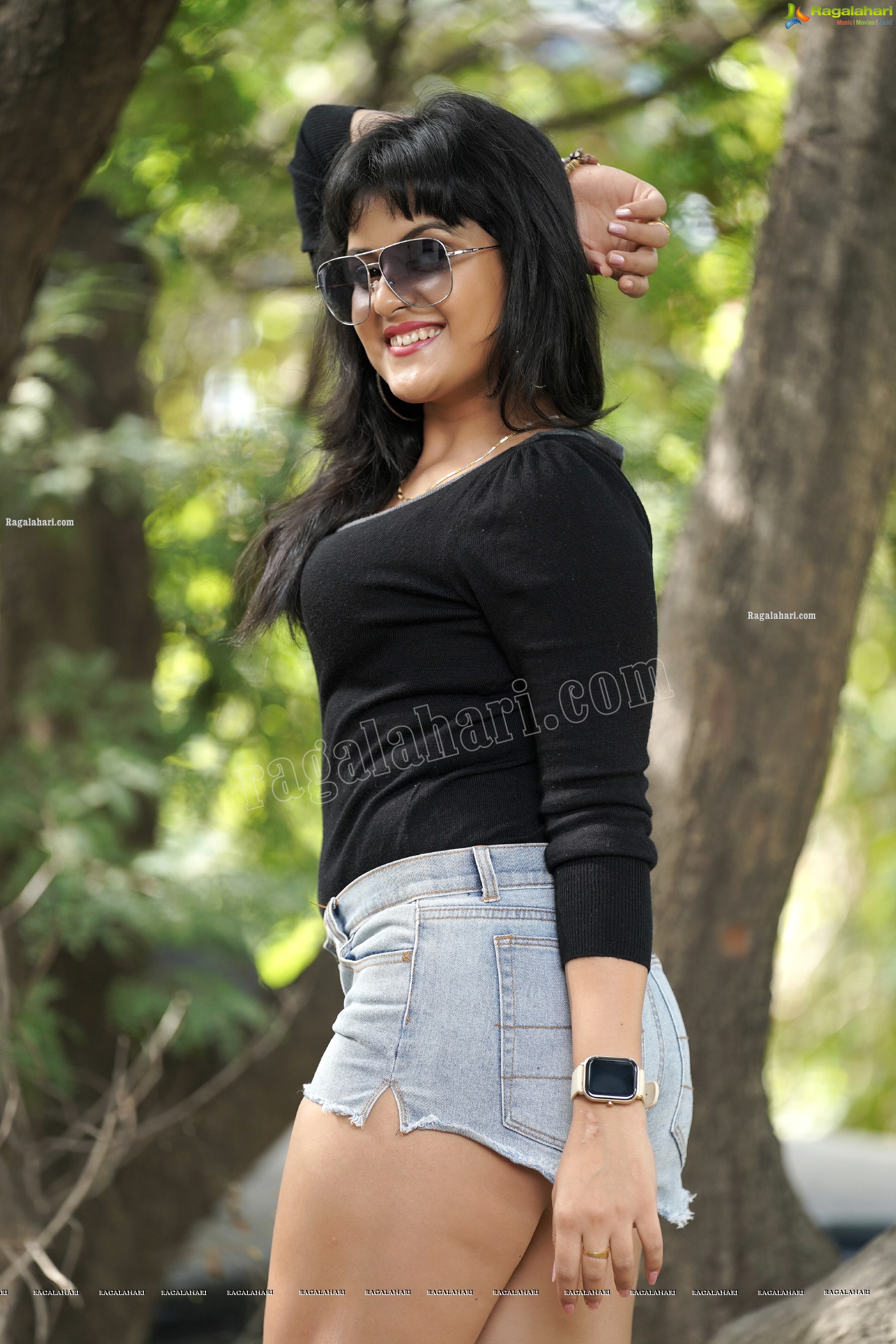Richa Kalra in Black Top and Denim Shorts, Exclusive Photoshoot