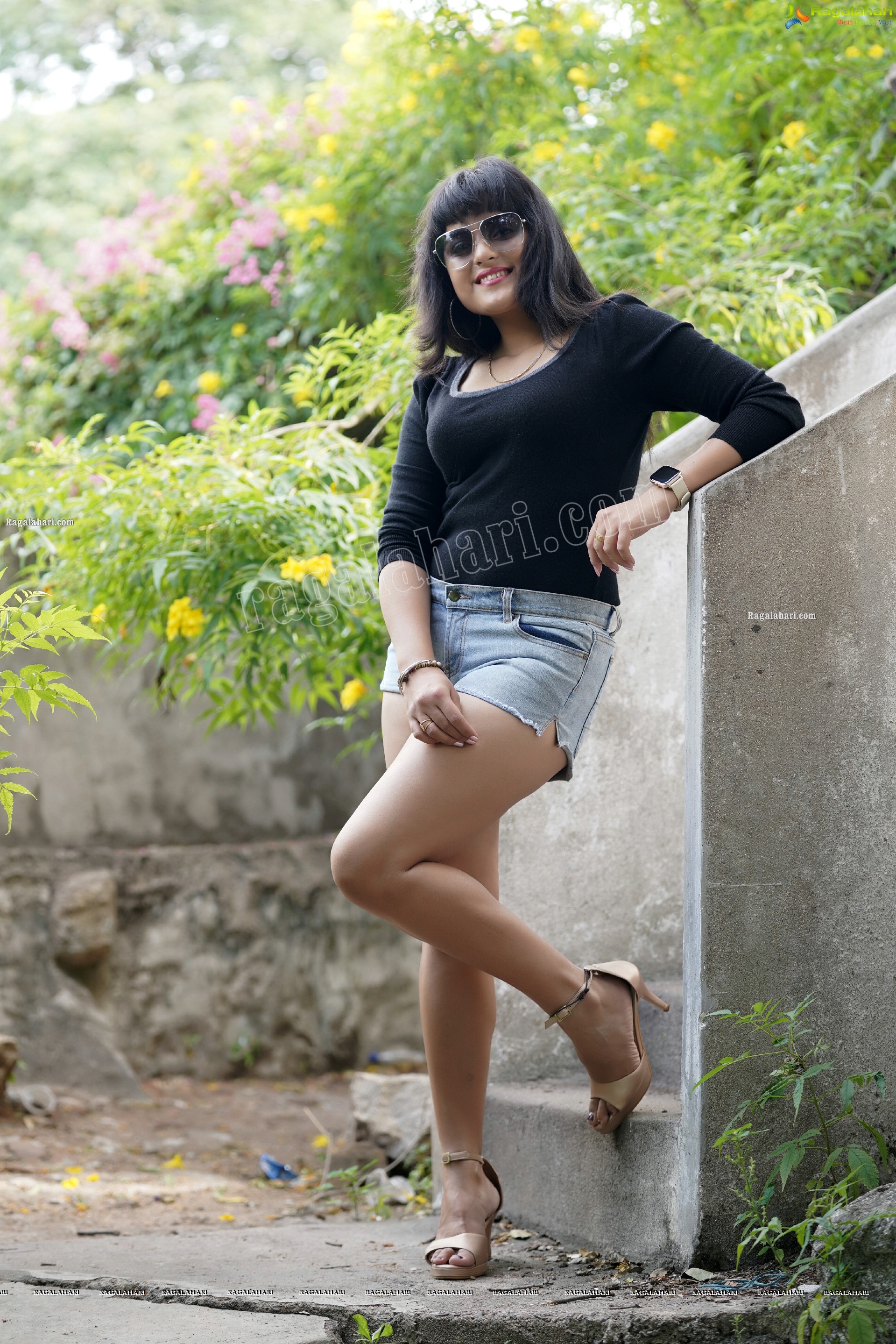 Richa Kalra in Black Top and Denim Shorts, Exclusive Photoshoot