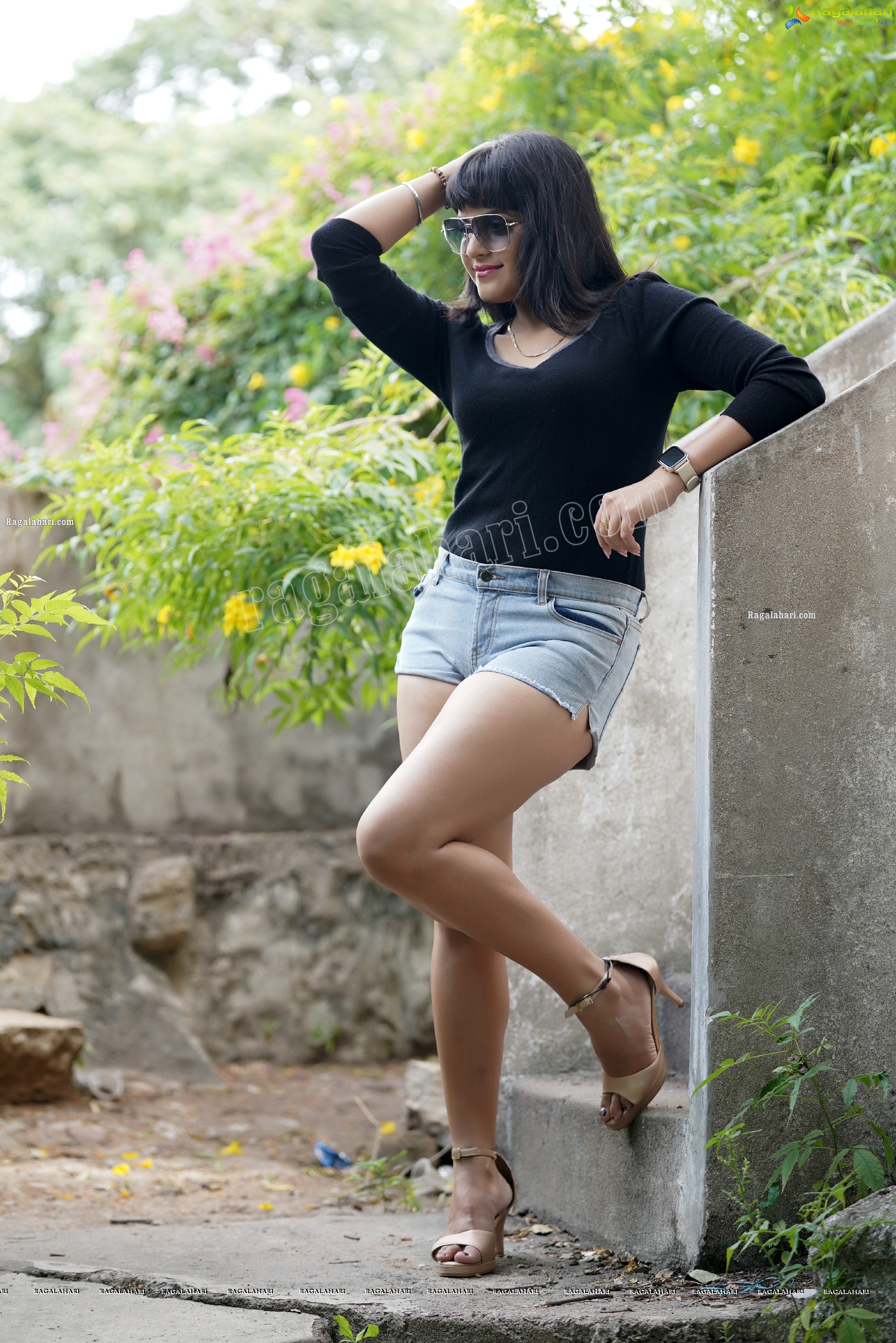 Richa Kalra in Black Top and Denim Shorts, Exclusive Photoshoot