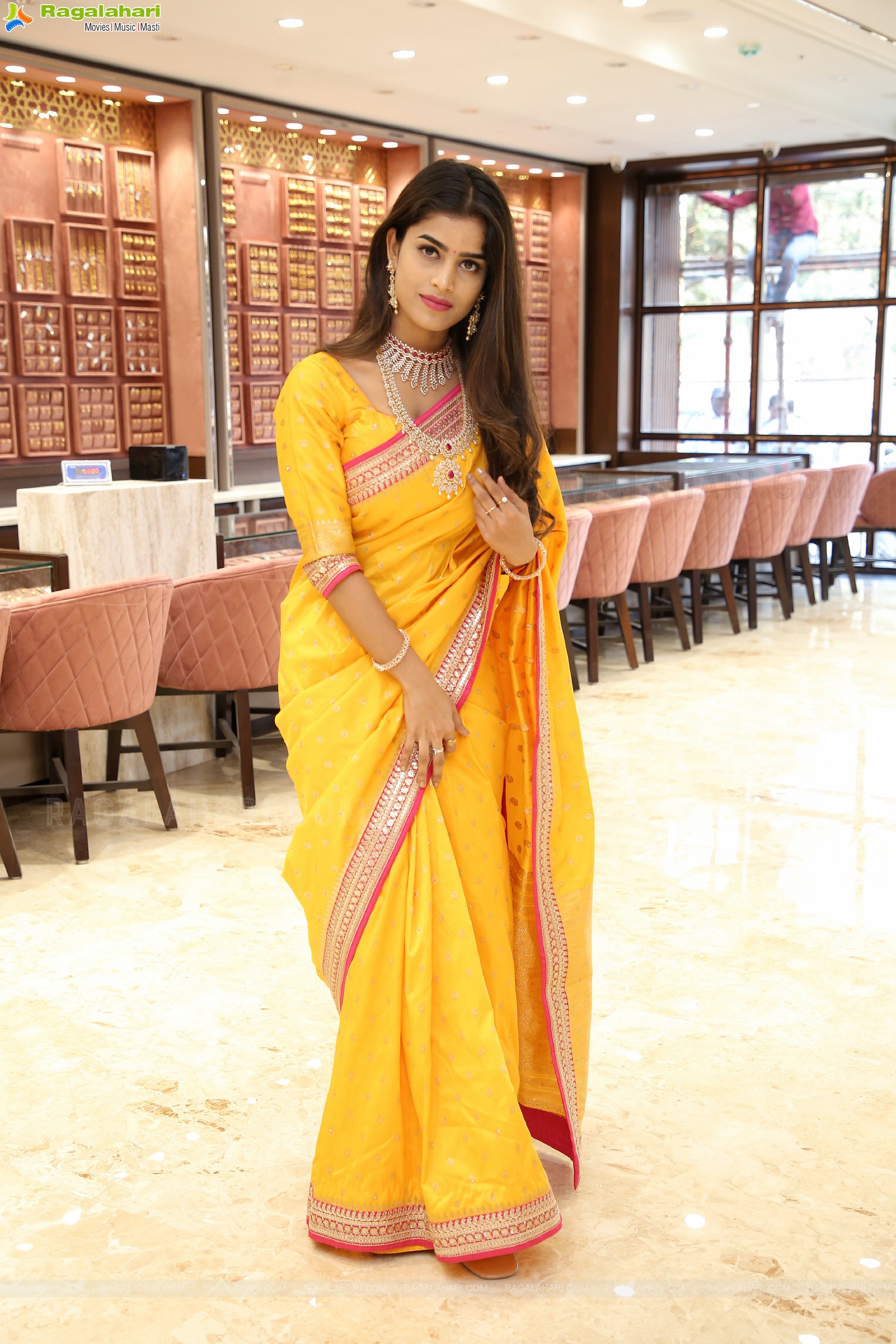 Srilekha in Yellow Designer Saree, HD Photo Gallery