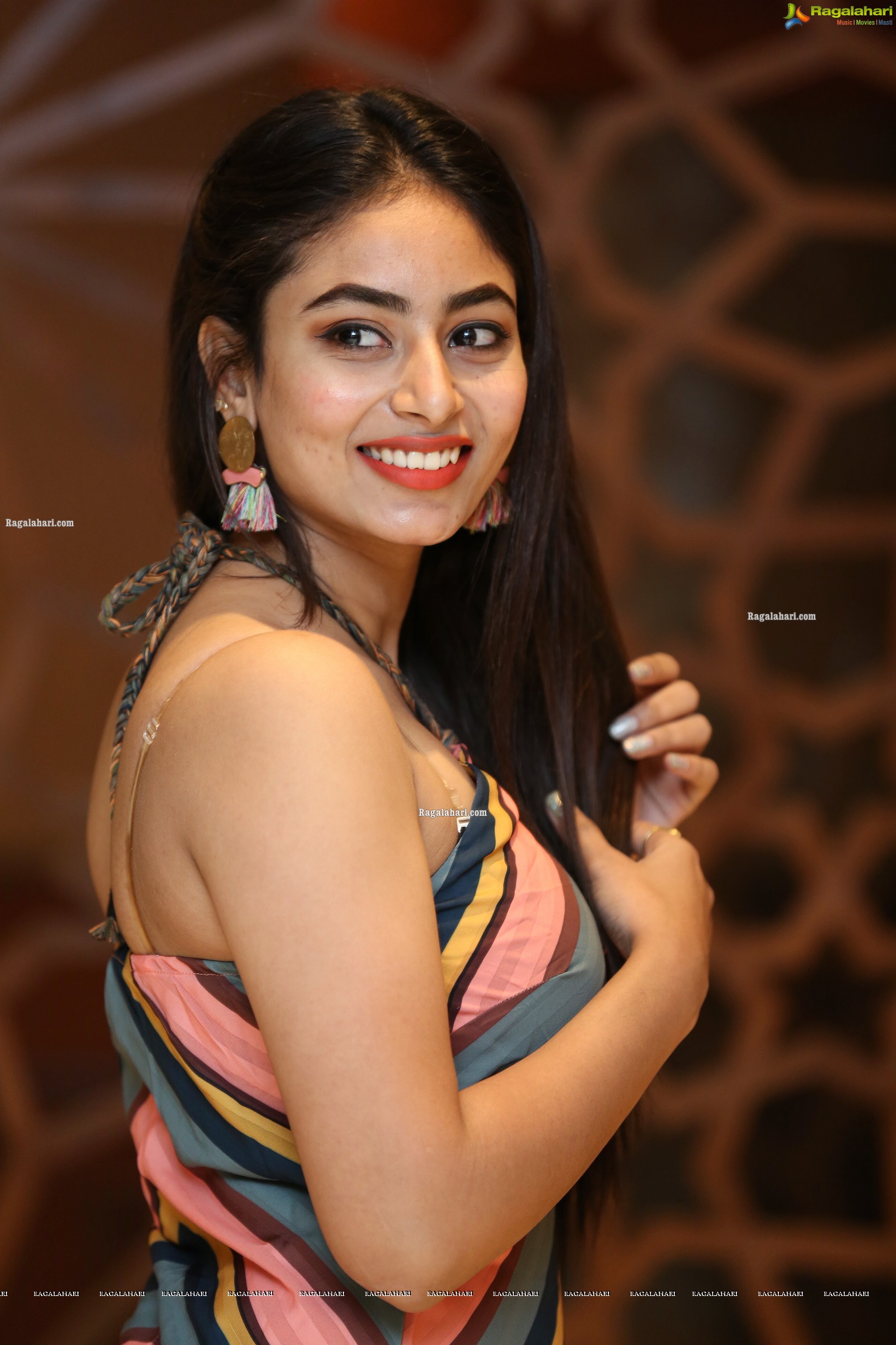 Honey Chowdary in Multi Striped Slender Halter Neck Dress, HD Photo Gallery