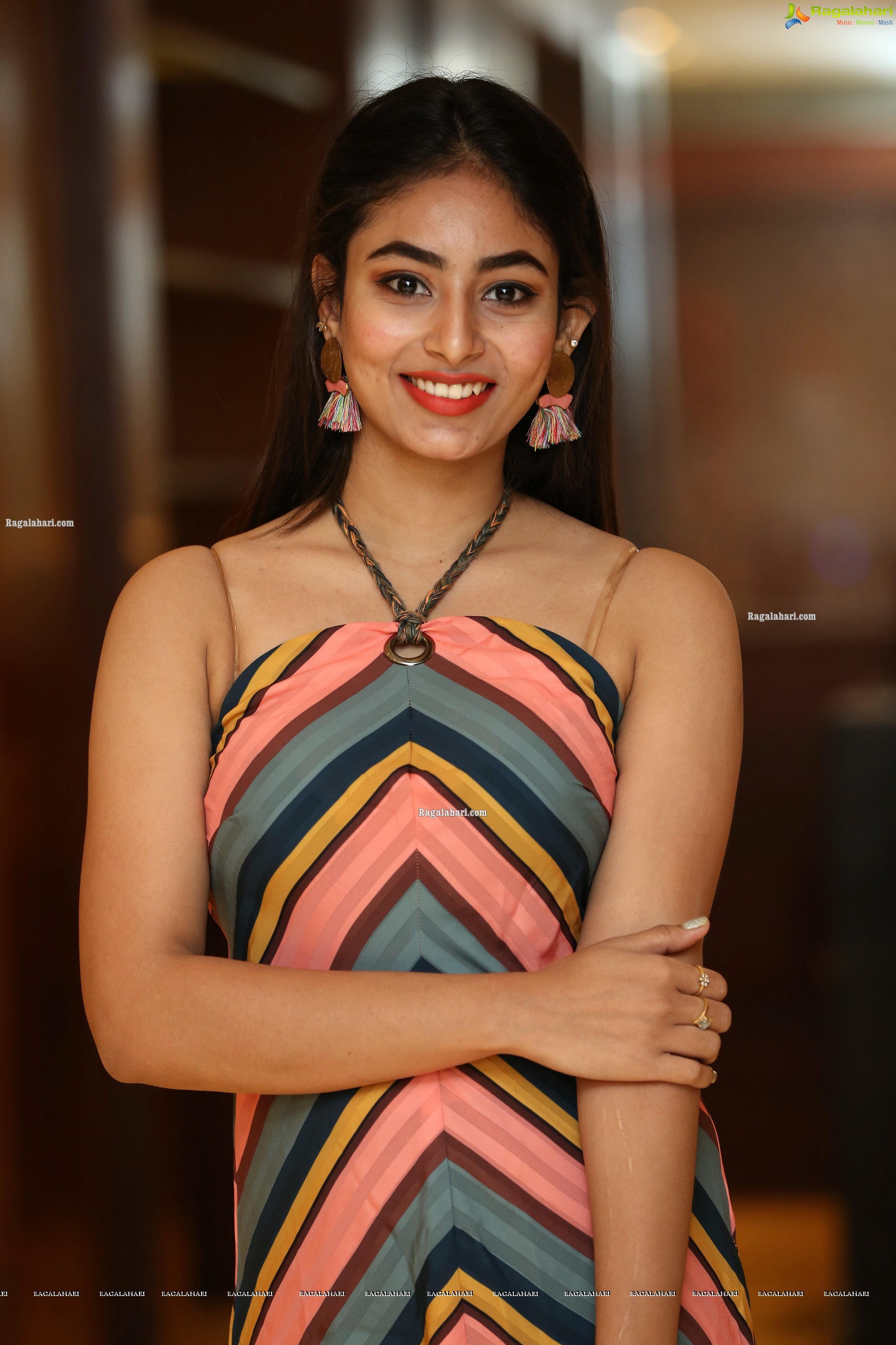 Honey Chowdary in Multi Striped Slender Halter Neck Dress, HD Photo Gallery