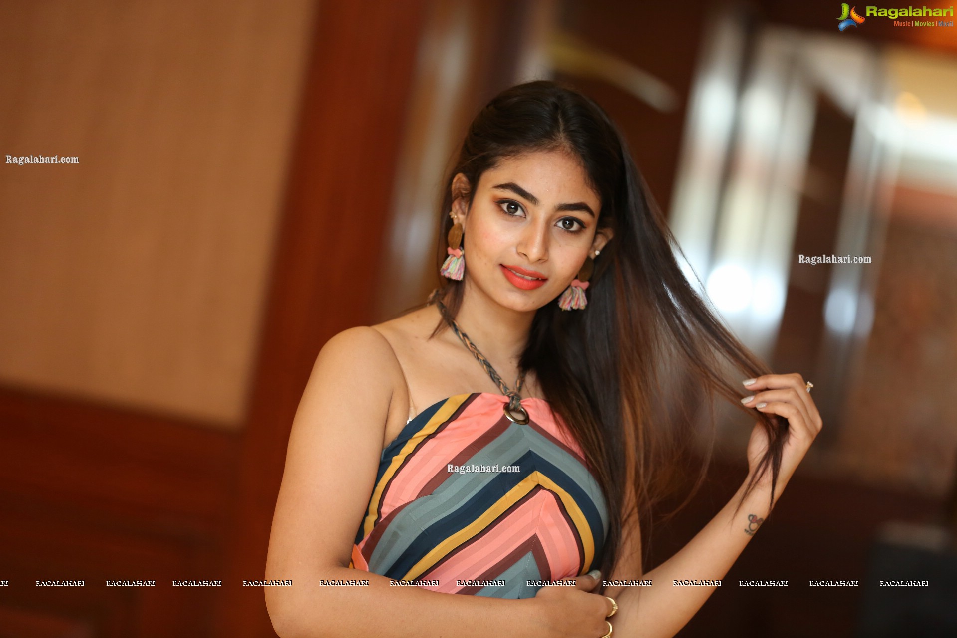 Honey Chowdary in Multi Striped Slender Halter Neck Dress, HD Photo Gallery