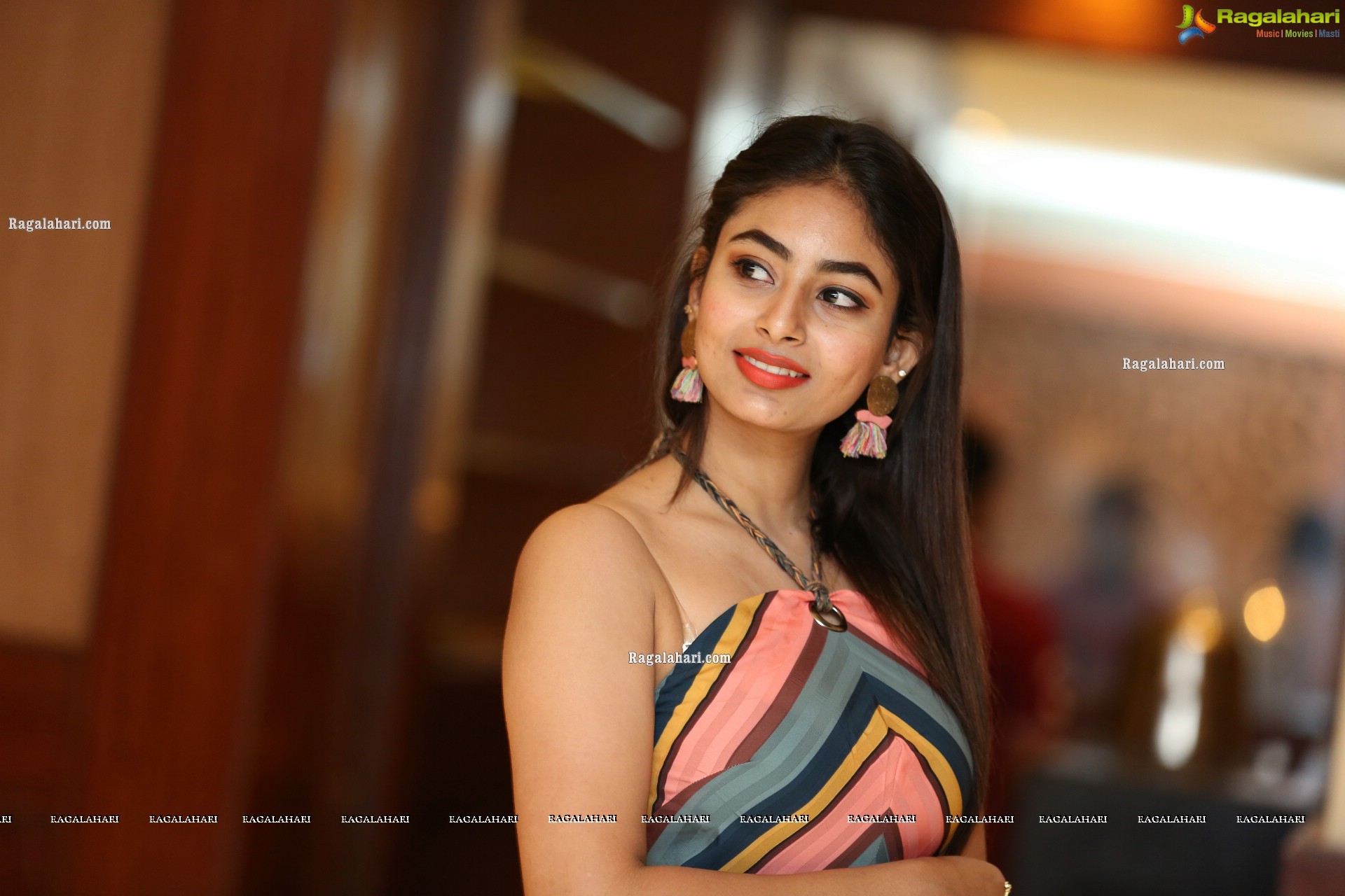 Honey Chowdary in Multi Striped Slender Halter Neck Dress, HD Photo Gallery