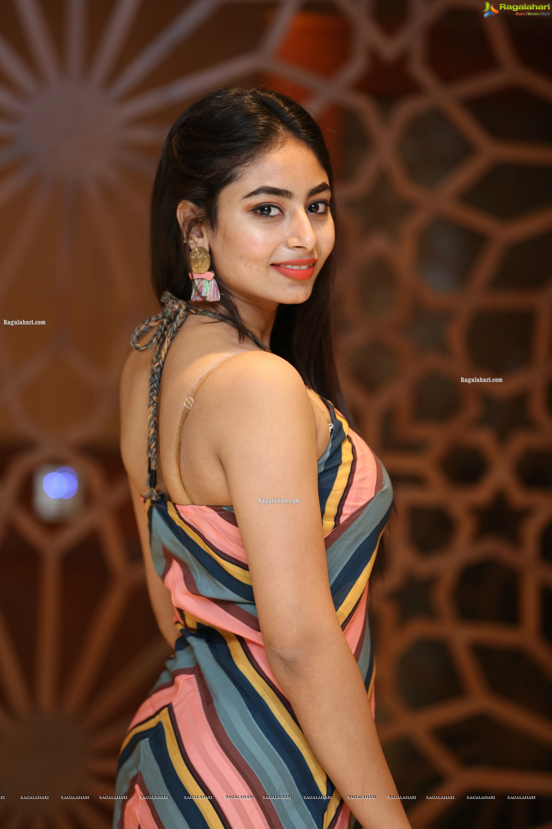 Honey Chowdary in Multi Striped Slender Halter Neck Dress, HD Photo Gallery