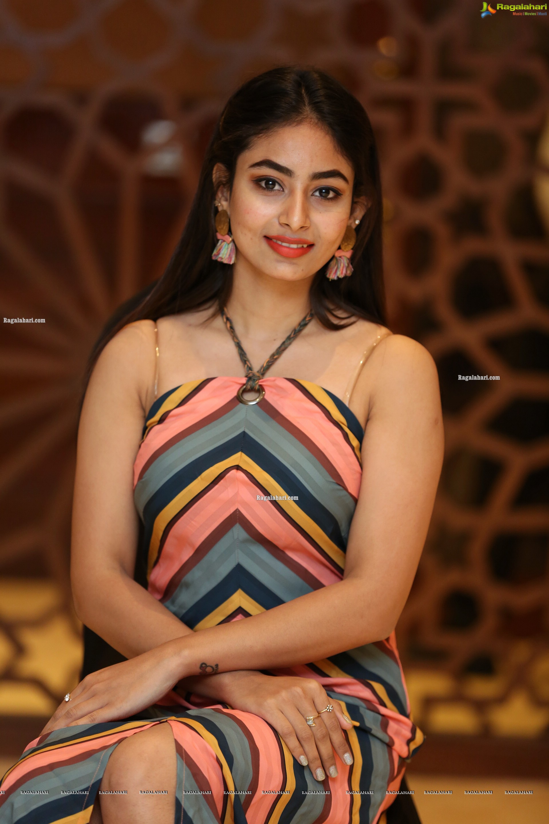 Honey Chowdary in Multi Striped Slender Halter Neck Dress, HD Photo Gallery