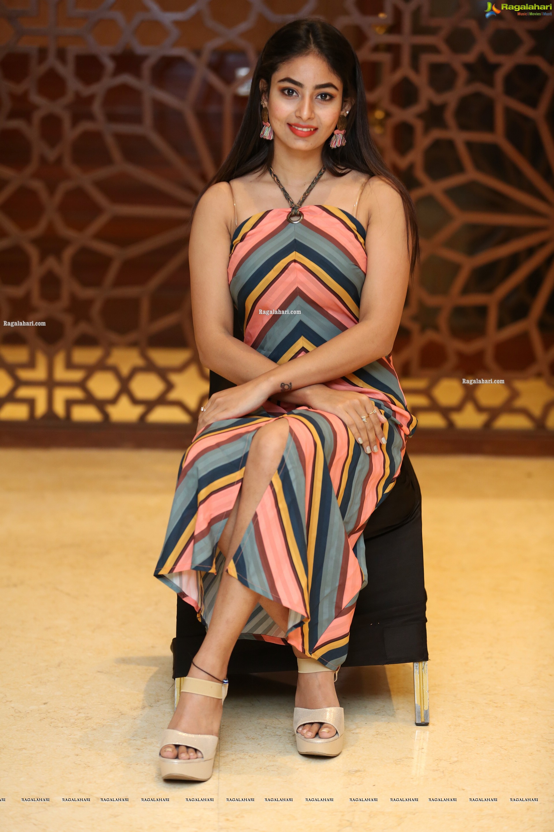 Honey Chowdary in Multi Striped Slender Halter Neck Dress, HD Photo Gallery