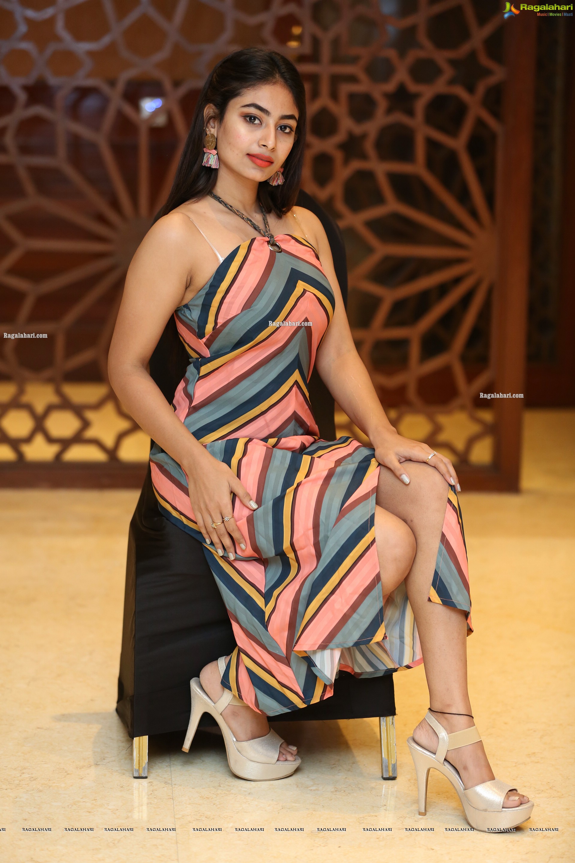 Honey Chowdary in Multi Striped Slender Halter Neck Dress, HD Photo Gallery