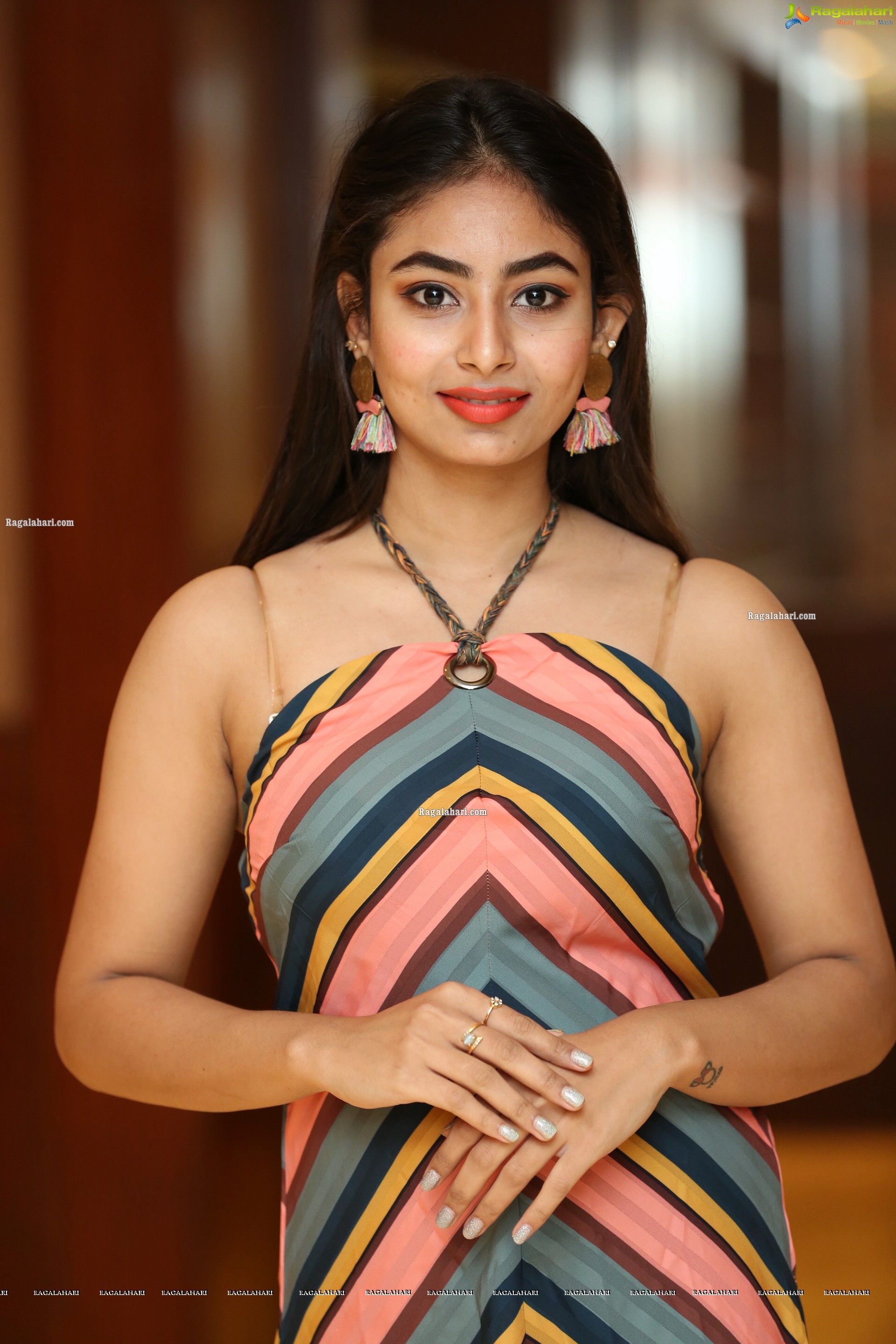 Honey Chowdary in Multi Striped Slender Halter Neck Dress, HD Photo Gallery