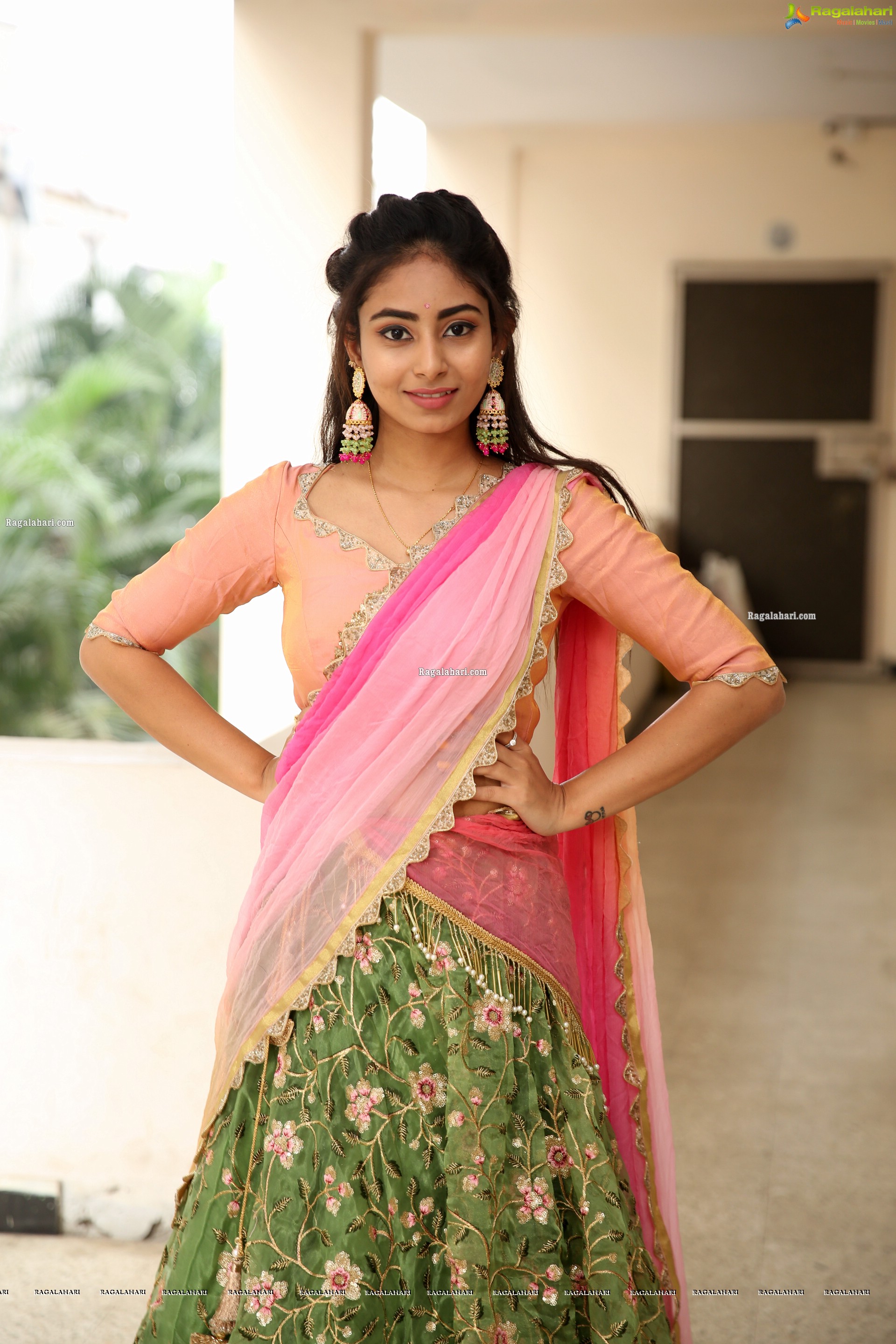 Honey Chowdary in Pink and Green Lehenga Choli, HD Photo Gallery