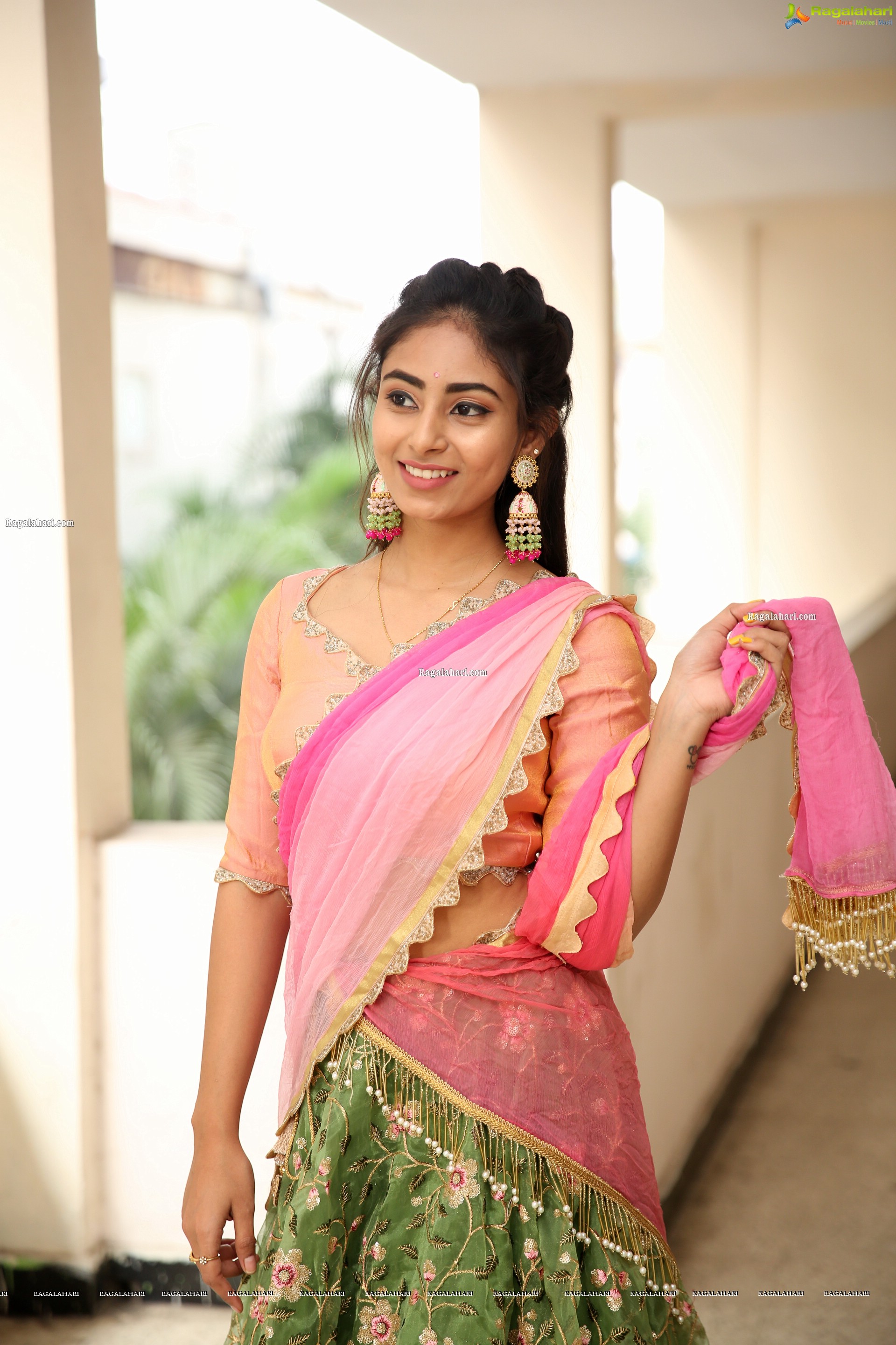 Honey Chowdary in Pink and Green Lehenga Choli, HD Photo Gallery