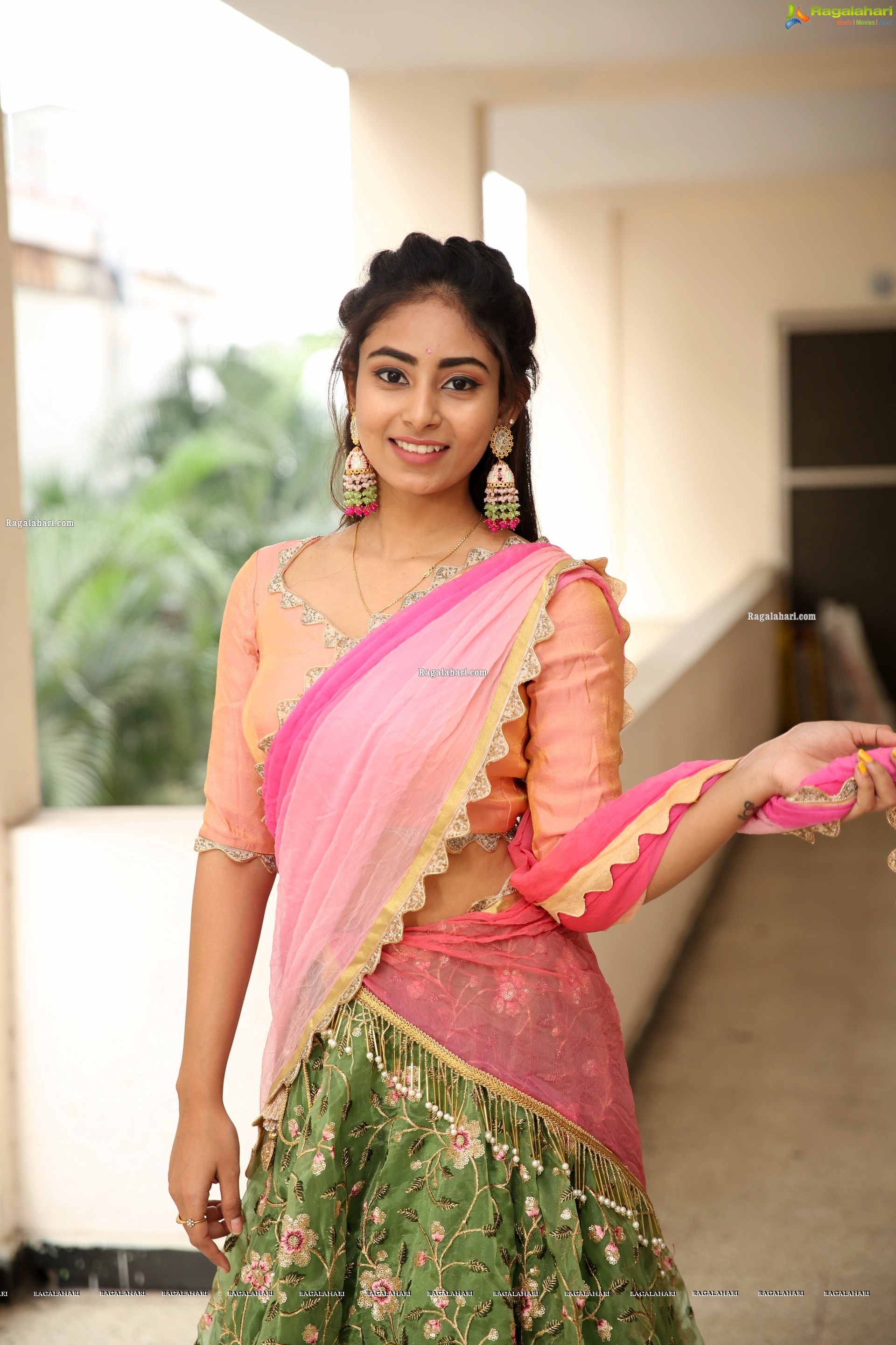 Honey Chowdary in Pink and Green Lehenga Choli, HD Photo Gallery