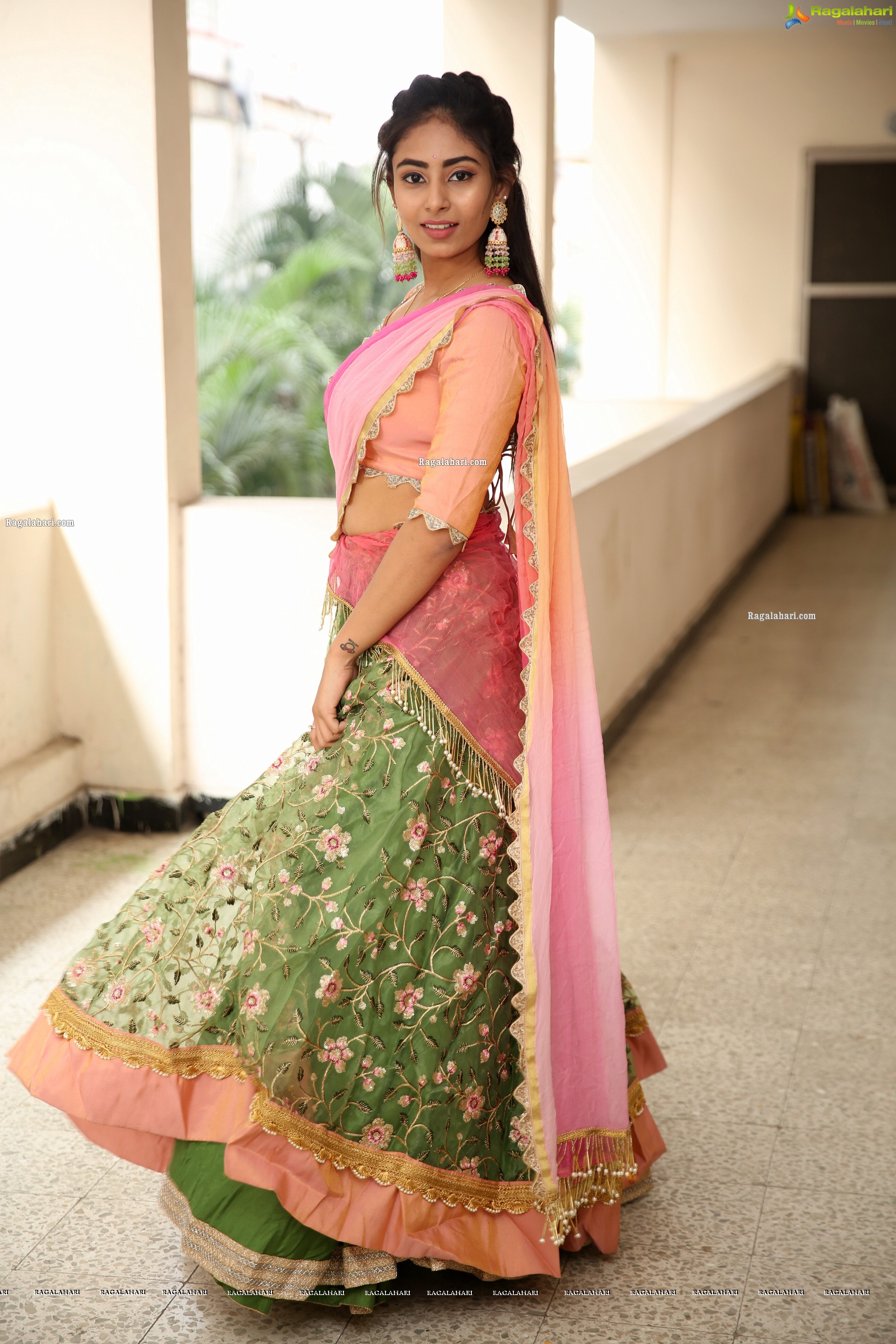 Honey Chowdary in Pink and Green Lehenga Choli, HD Photo Gallery