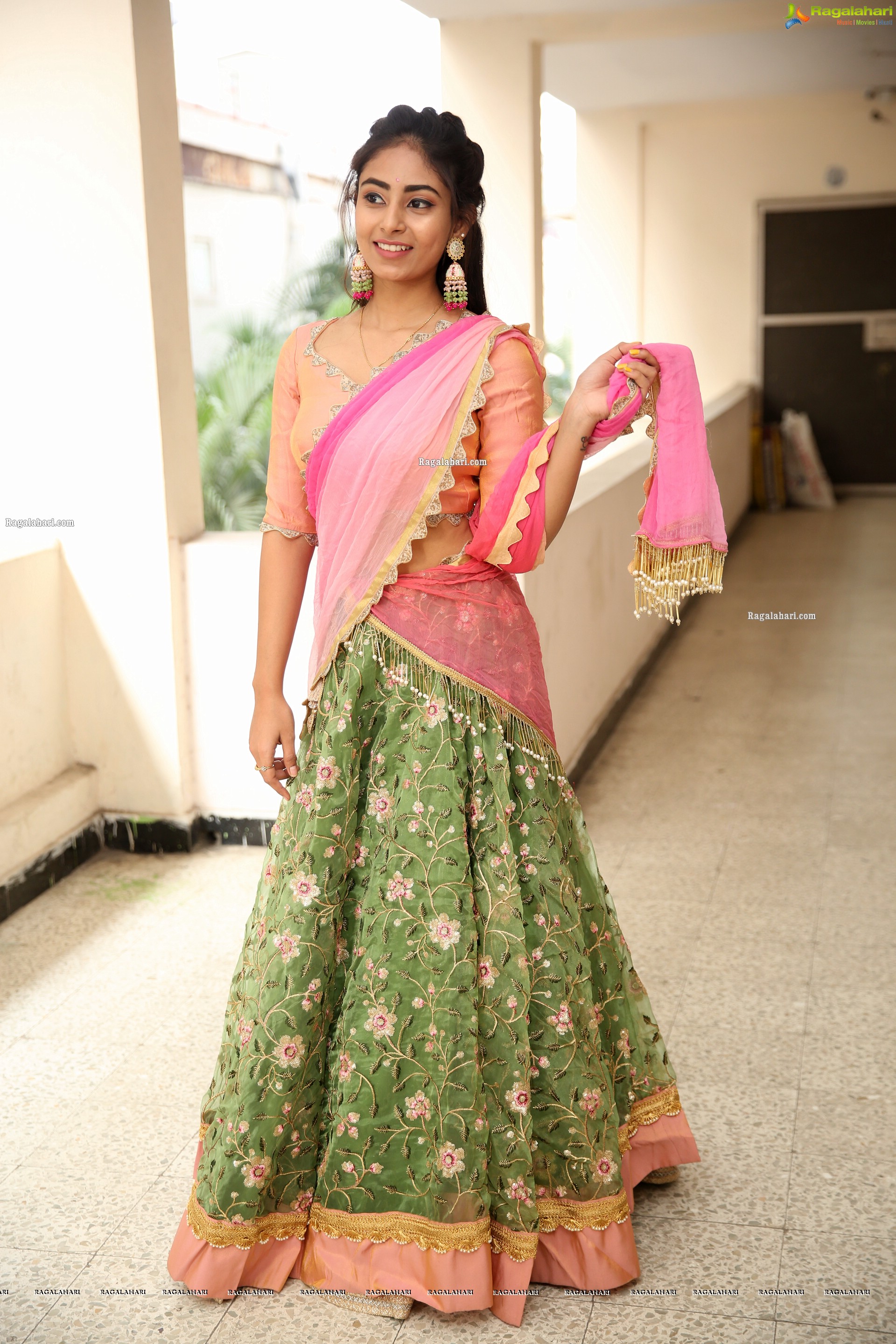 Honey Chowdary in Pink and Green Lehenga Choli, HD Photo Gallery