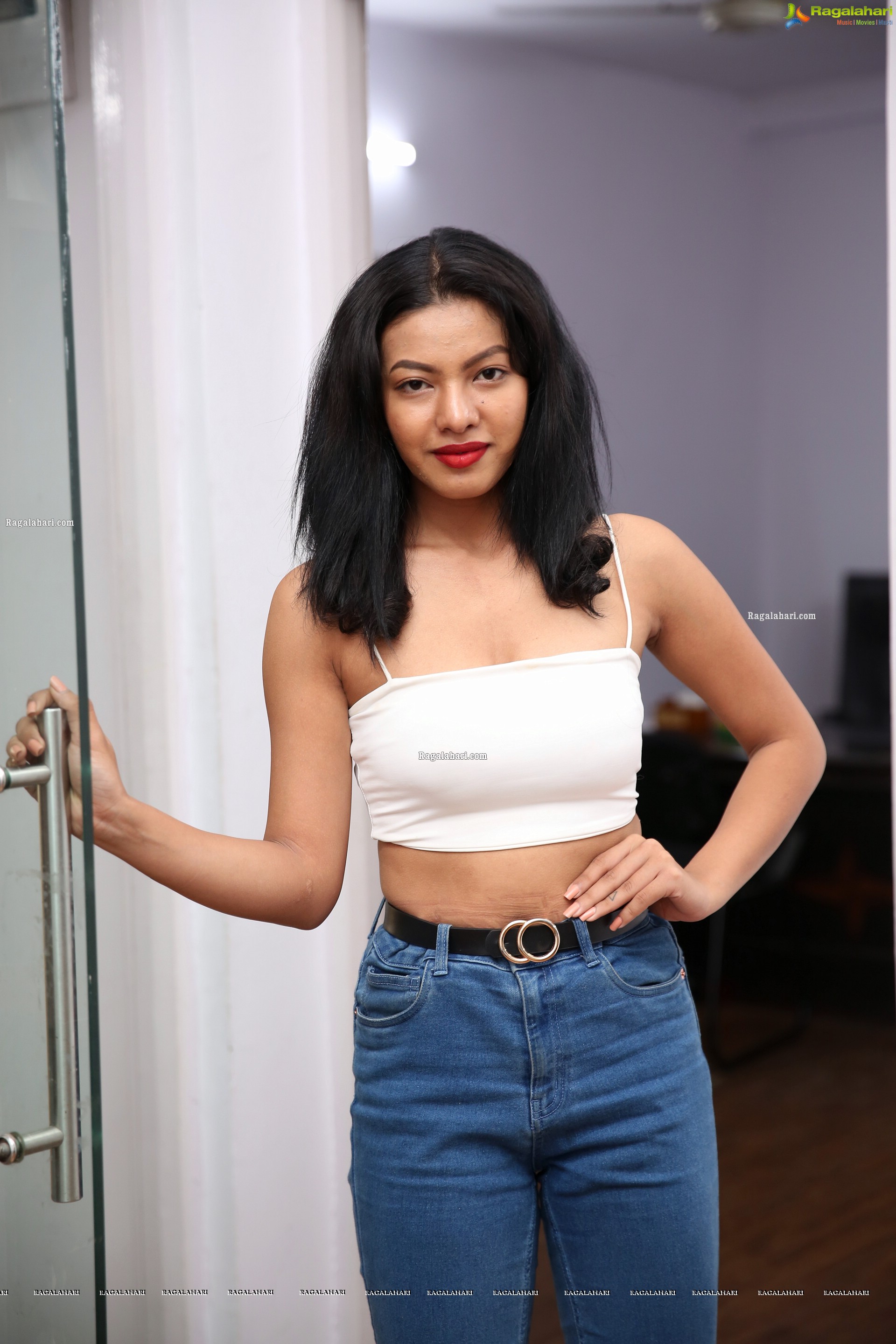 Kavita Mahatho in White Spaghetti Strap Crop Top and Jeans, HD Photo Gallery