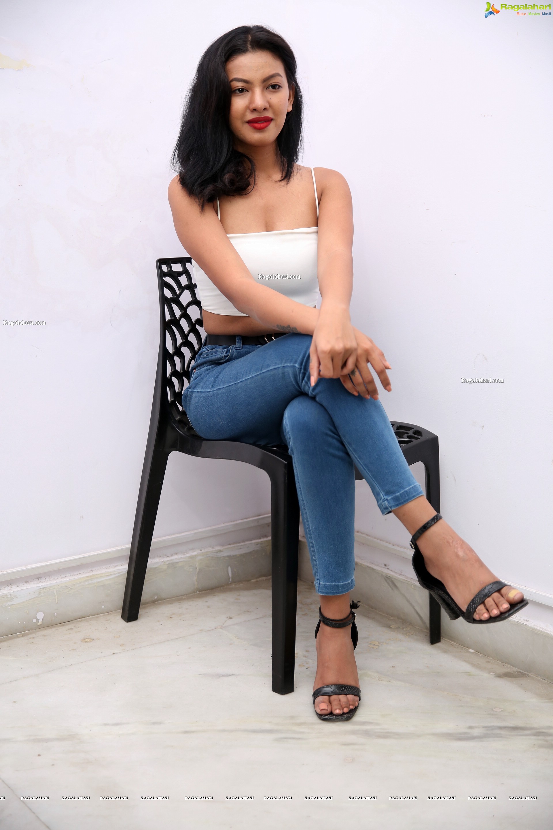 Kavita Mahatho in White Spaghetti Strap Crop Top and Jeans, HD Photo Gallery