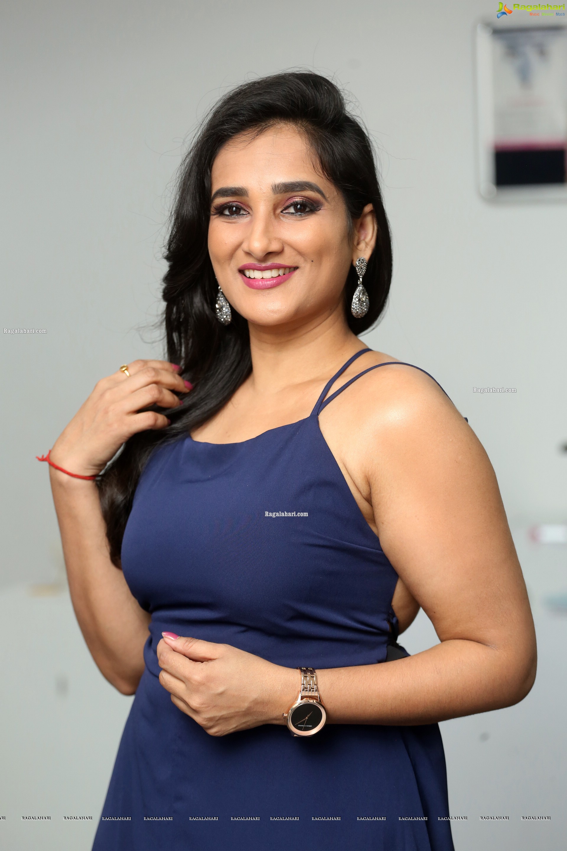 Madhu Krishnan in Navy Blue Spaghetti Strap Dress, HD Photo Gallery