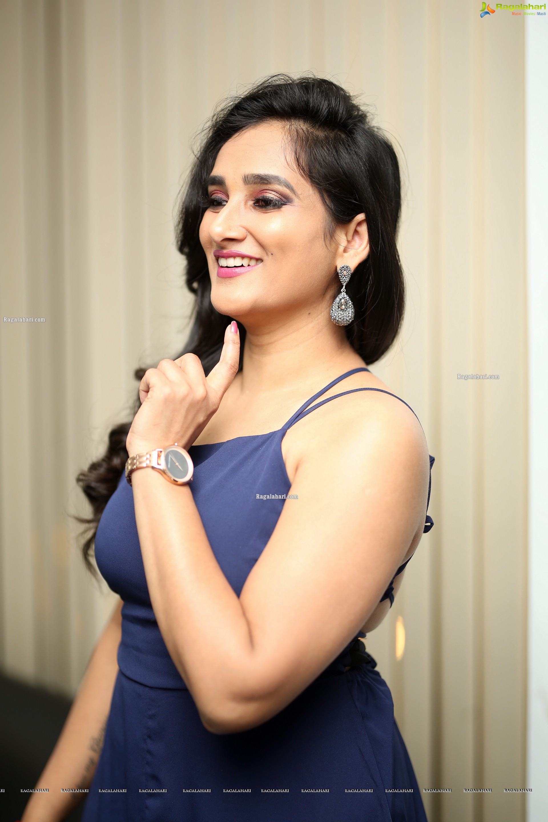 Madhu Krishnan in Navy Blue Spaghetti Strap Dress, HD Photo Gallery