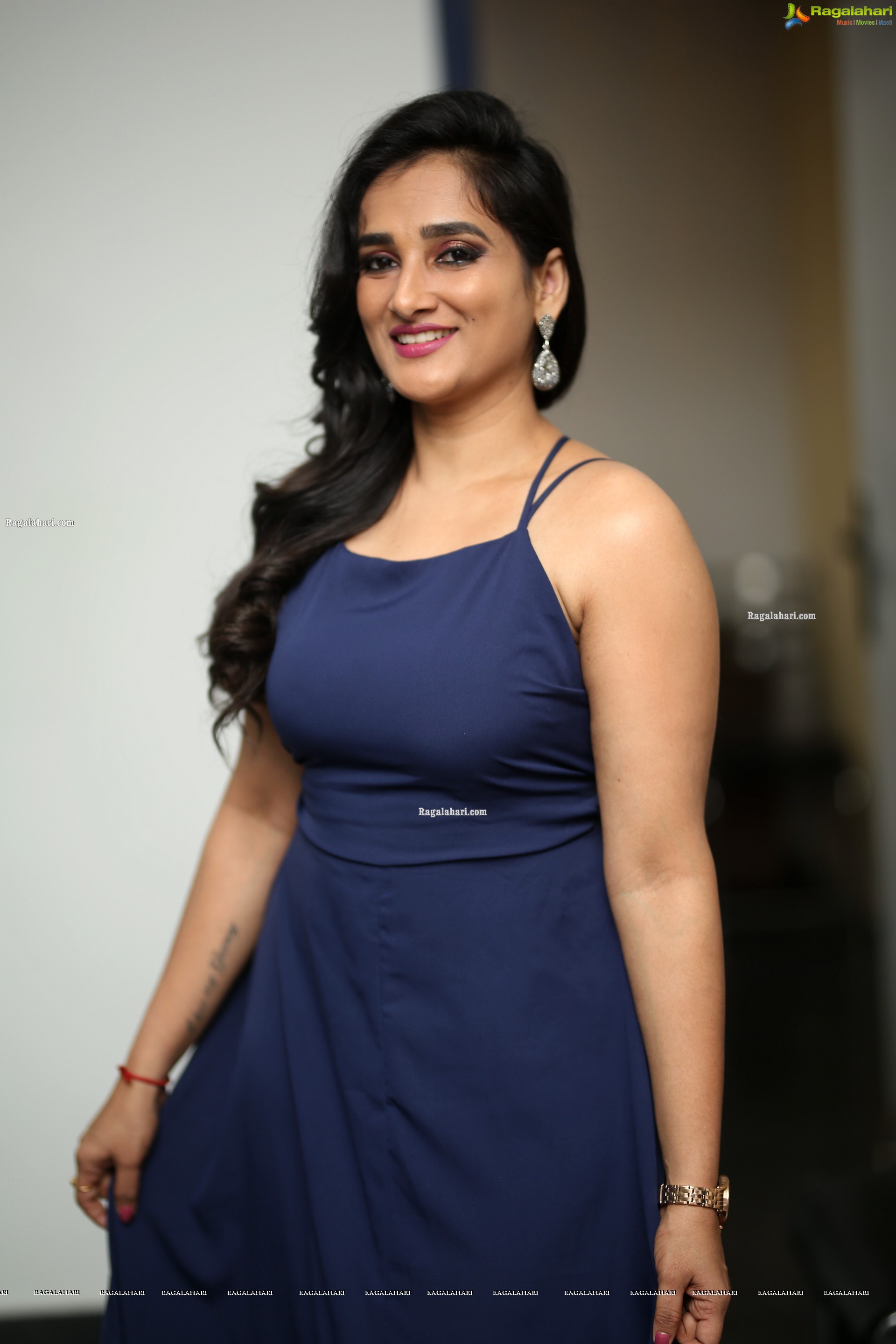 Madhu Krishnan in Navy Blue Spaghetti Strap Dress, HD Photo Gallery