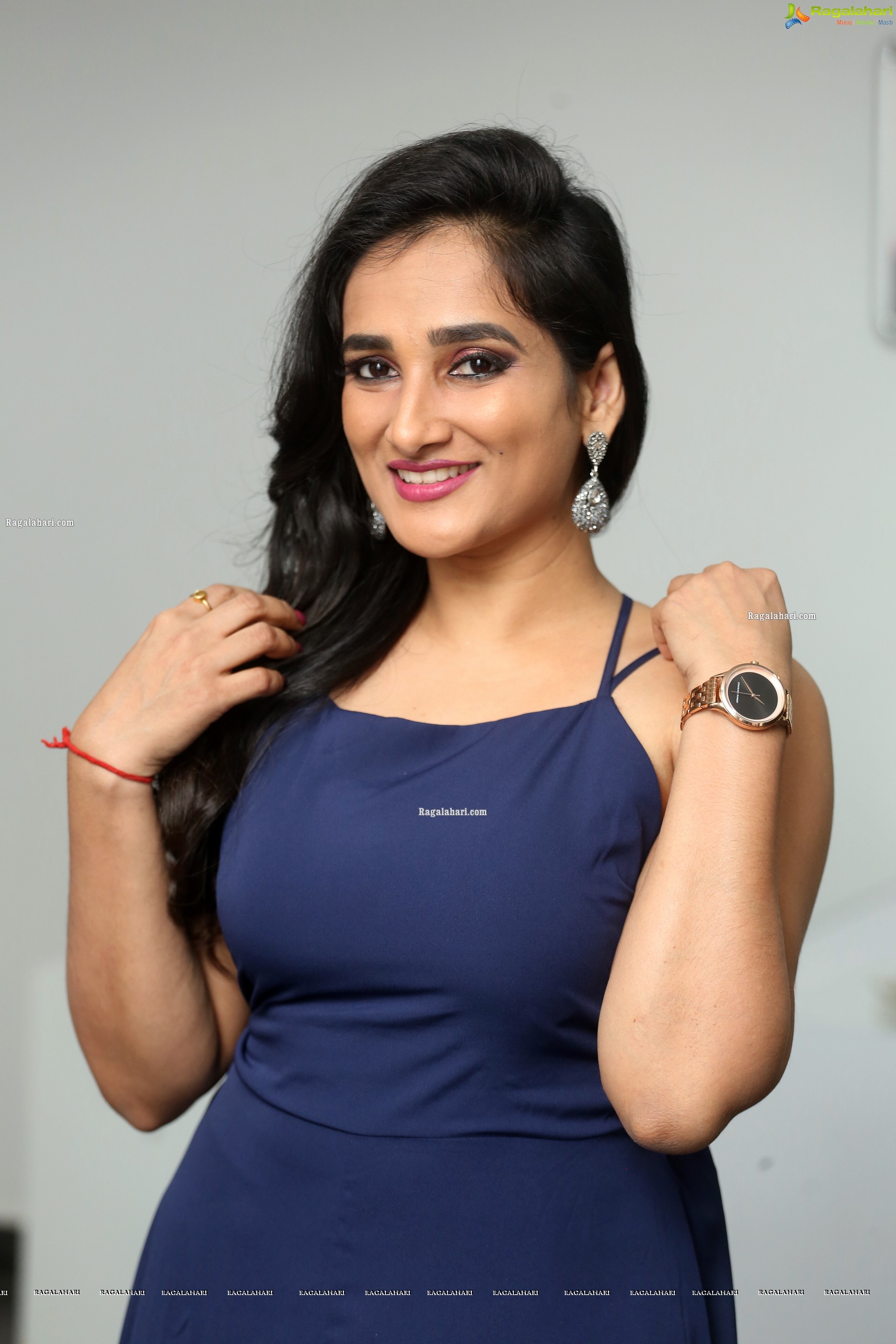 Madhu Krishnan in Navy Blue Spaghetti Strap Dress, HD Photo Gallery