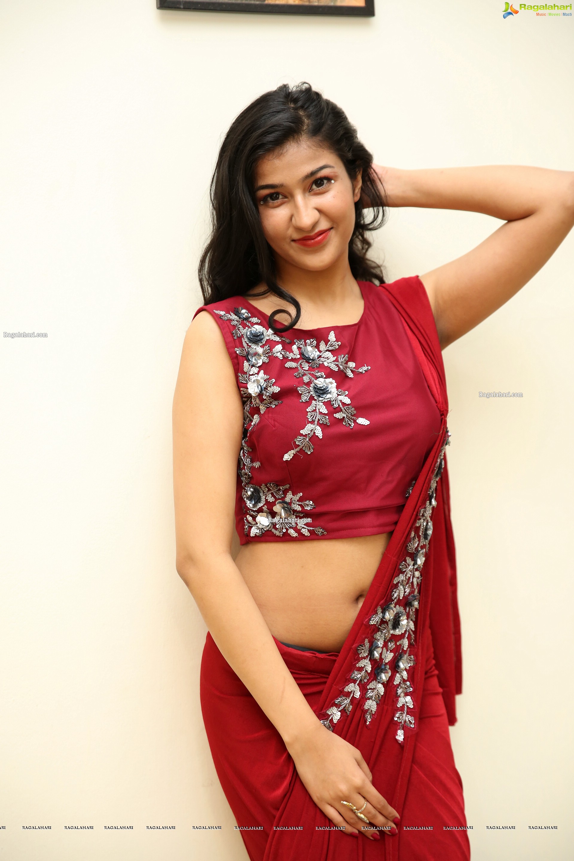 Riya Singh in Dazzling Red Designer Saree, HD Photo Gallery