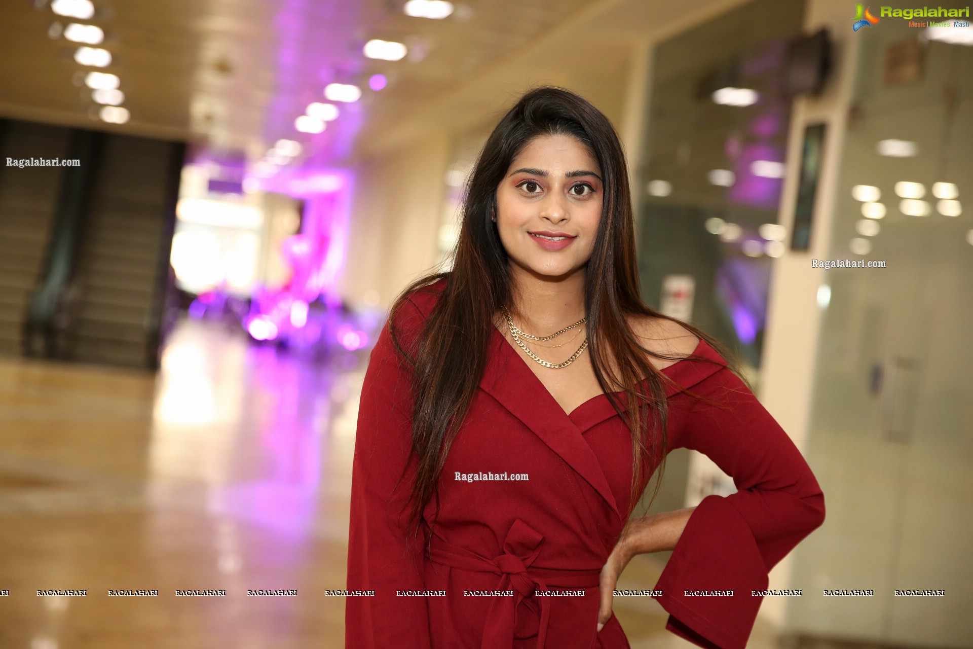 Shravani Varma in Maroon Off Shoulder Wrap Belt Tie Front Dress, HD Photo Gallery