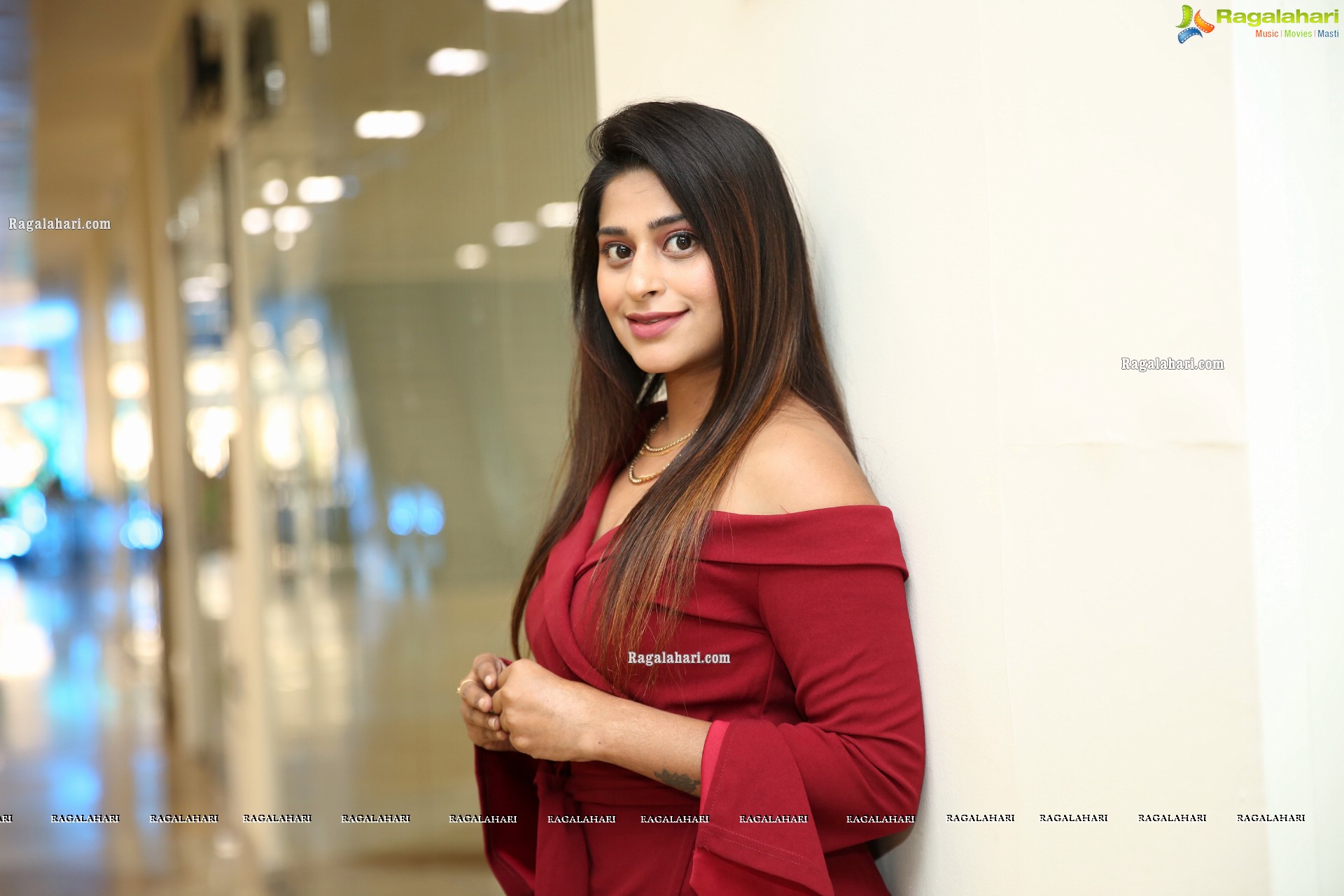 Shravani Varma in Maroon Off Shoulder Wrap Belt Tie Front Dress, HD Photo Gallery