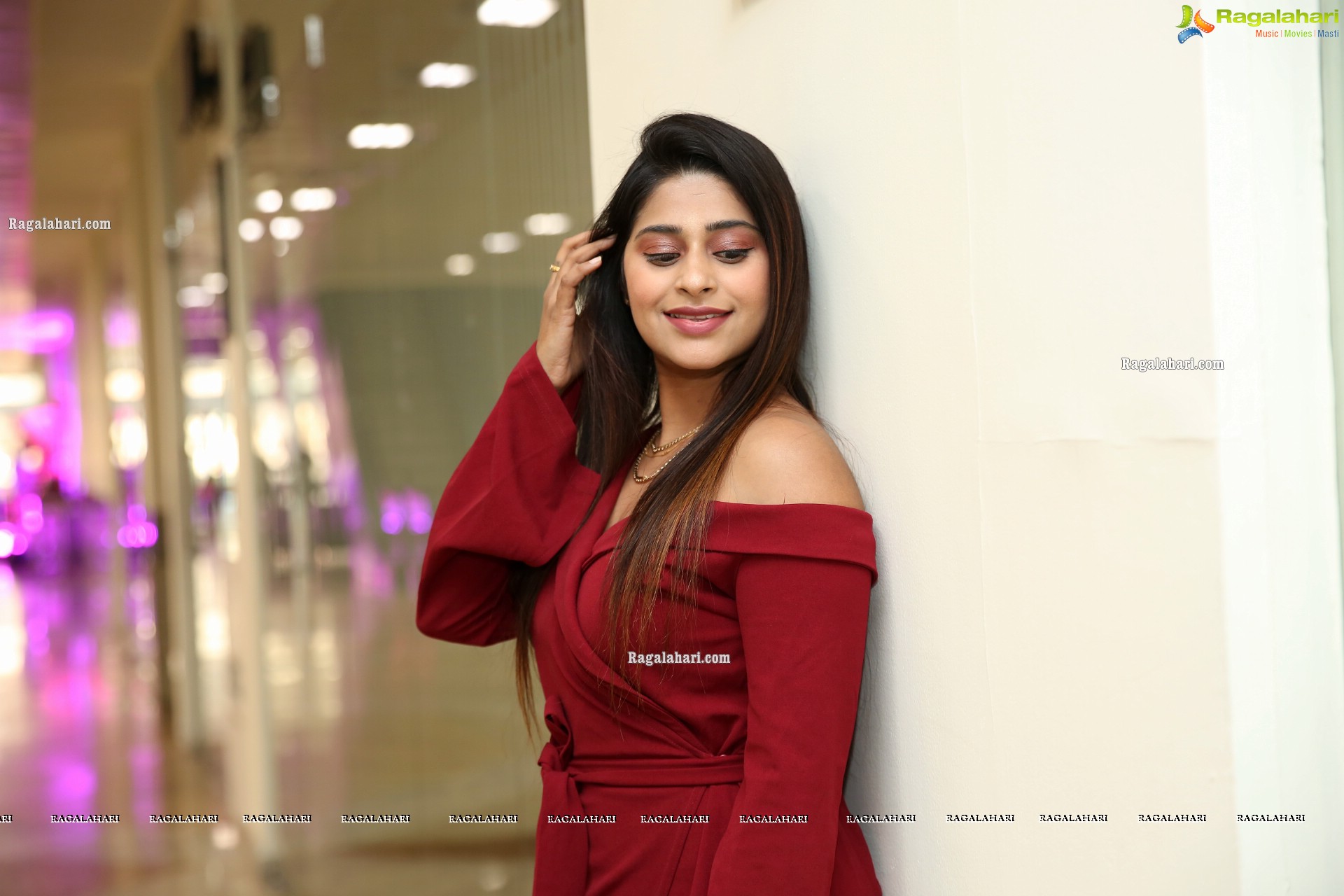 Shravani Varma in Maroon Off Shoulder Wrap Belt Tie Front Dress, HD Photo Gallery
