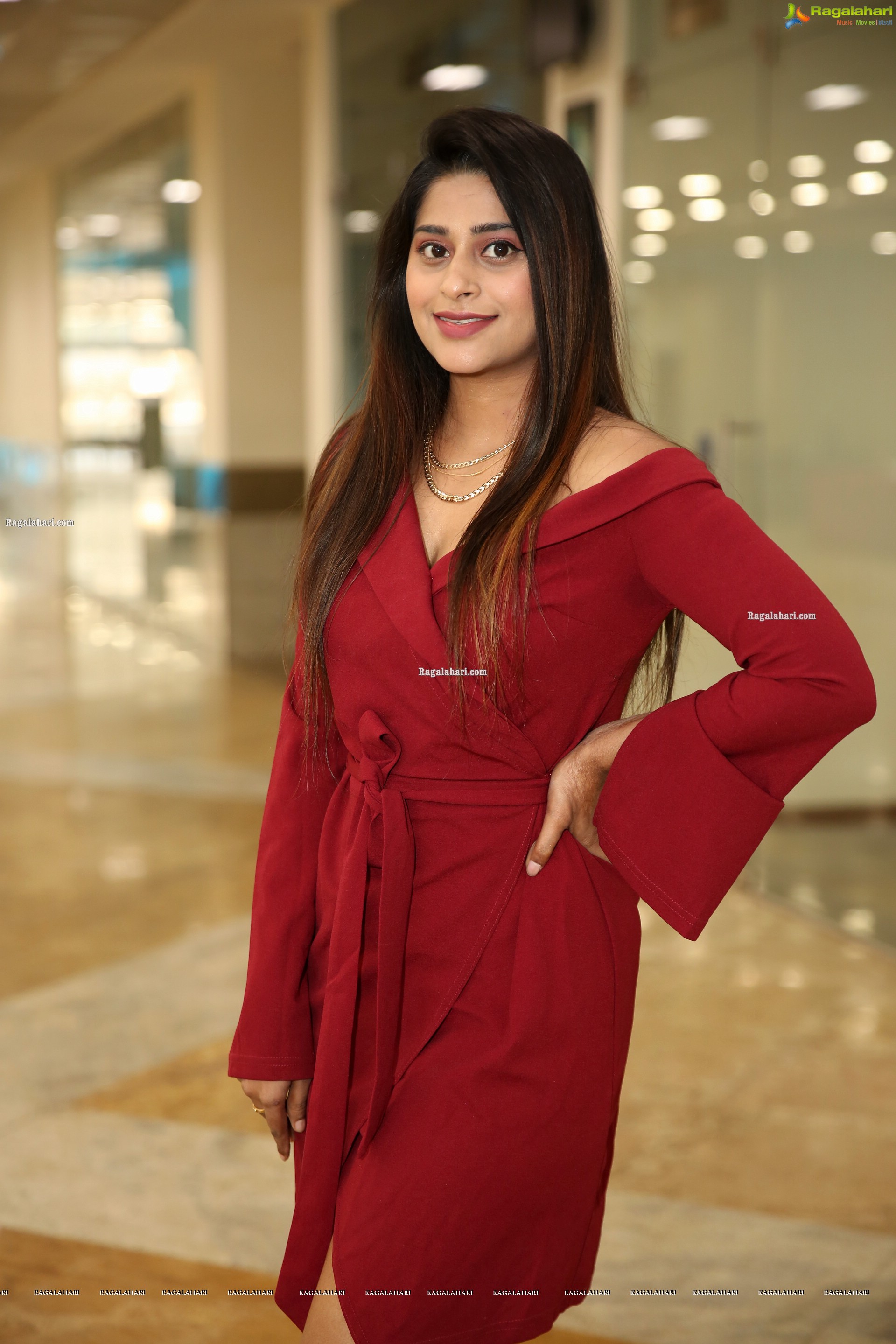 Shravani Varma in Maroon Off Shoulder Wrap Belt Tie Front Dress, HD Photo Gallery