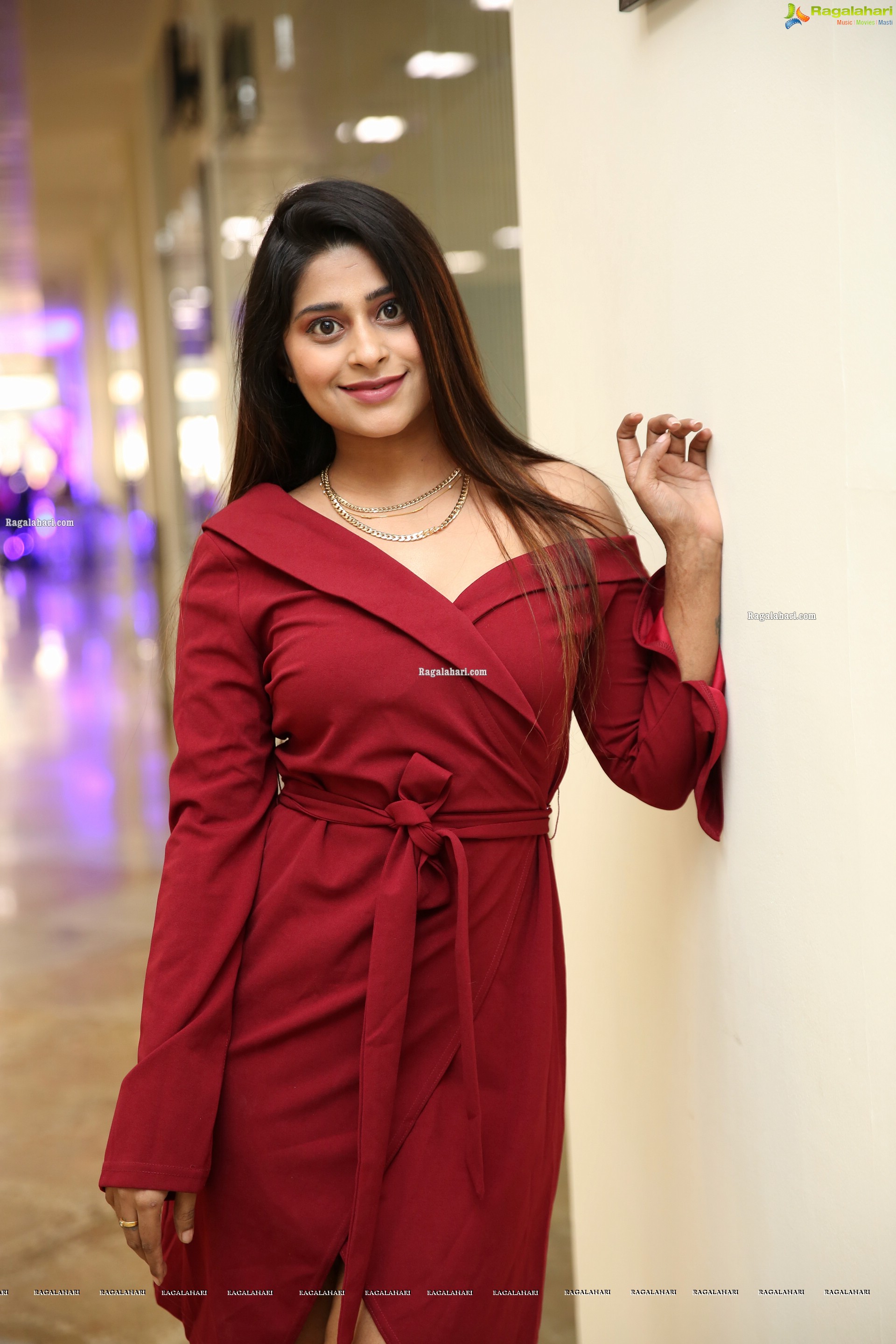 Shravani Varma in Maroon Off Shoulder Wrap Belt Tie Front Dress, HD Photo Gallery