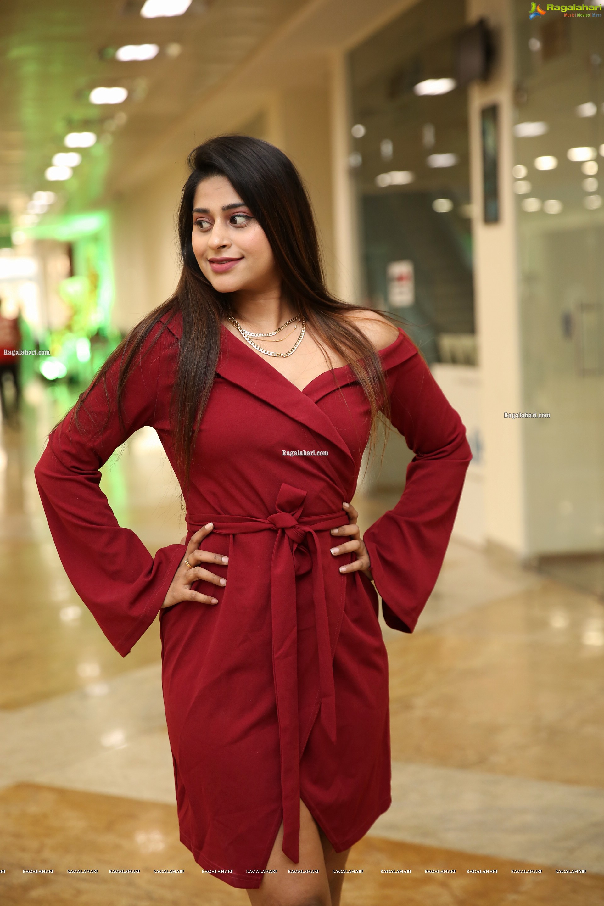 Shravani Varma in Maroon Off Shoulder Wrap Belt Tie Front Dress, HD Photo Gallery