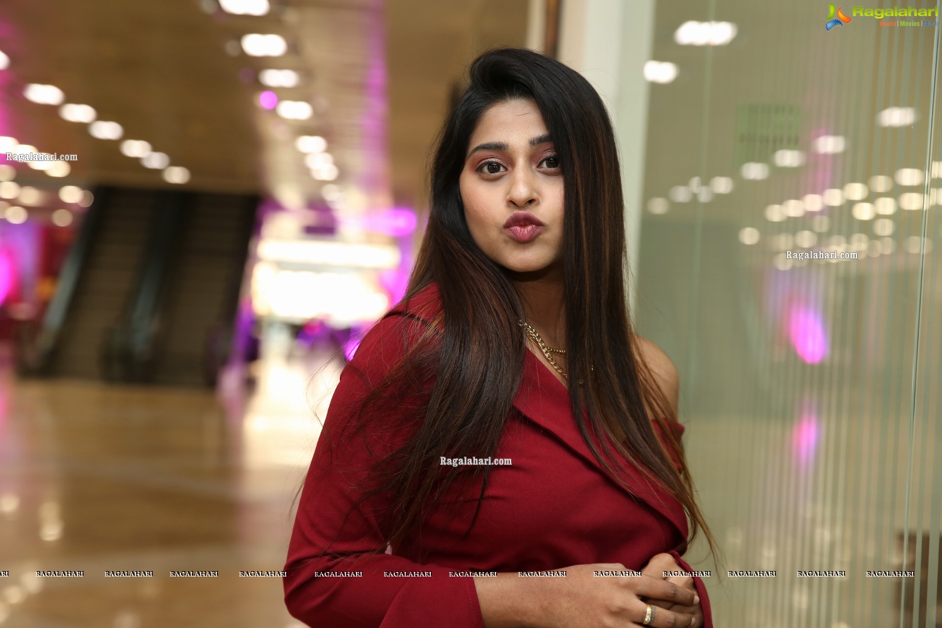 Shravani Varma in Maroon Off Shoulder Wrap Belt Tie Front Dress, HD Photo Gallery