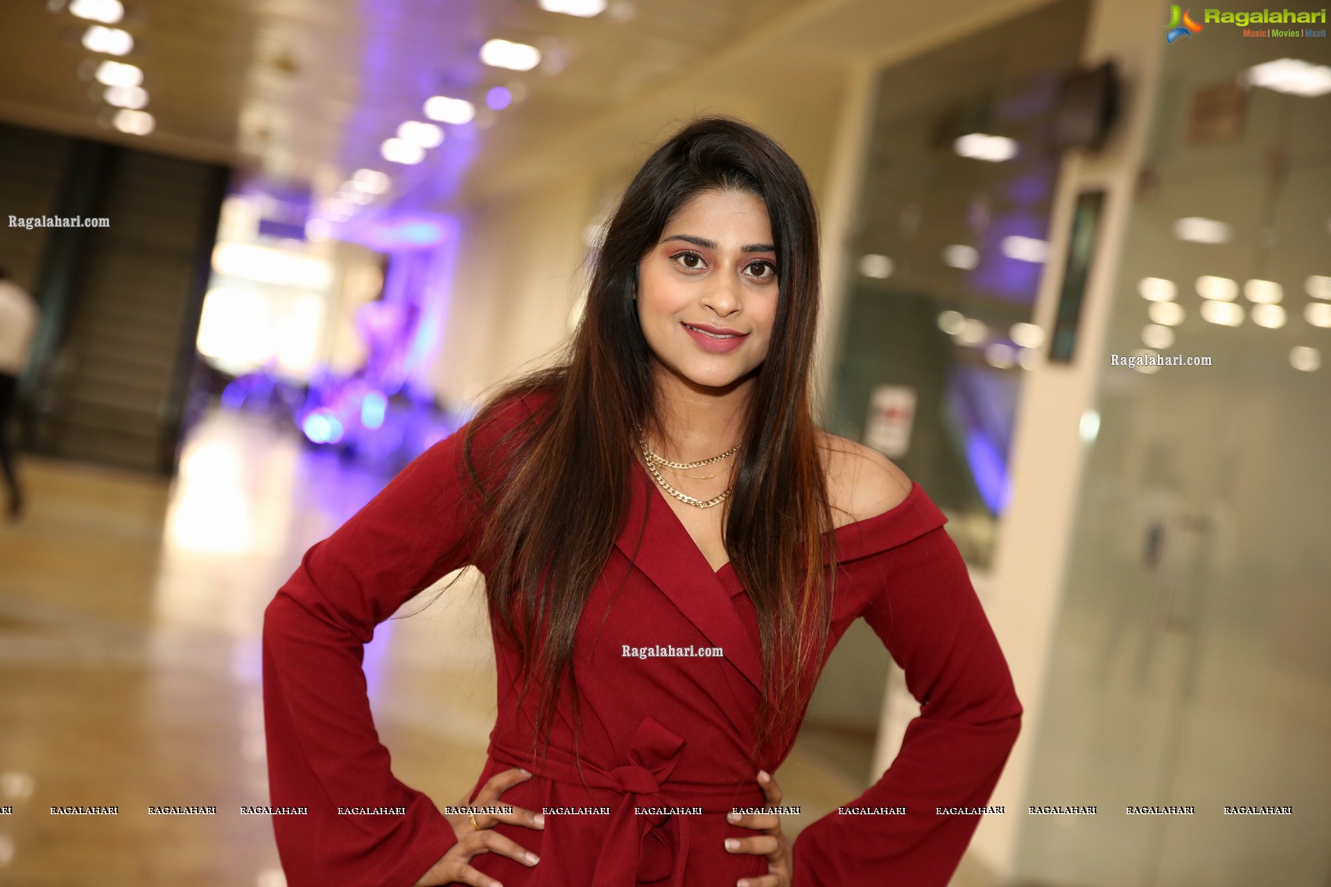 Shravani Varma in Maroon Off Shoulder Wrap Belt Tie Front Dress, HD Photo Gallery